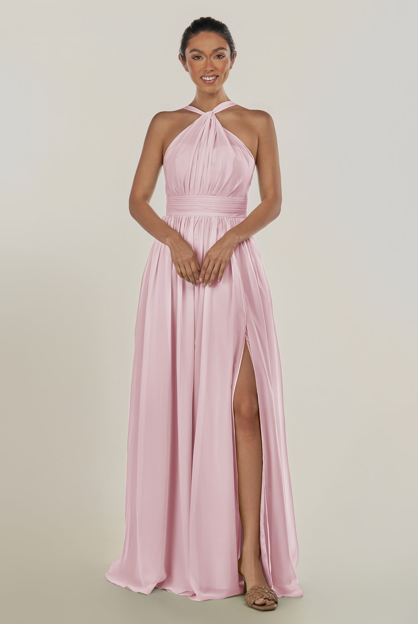 KissDress-Ciri Candy Pink A Line Chiffon Halter Neck Pleated Long Bridesmaid Dress with Slit