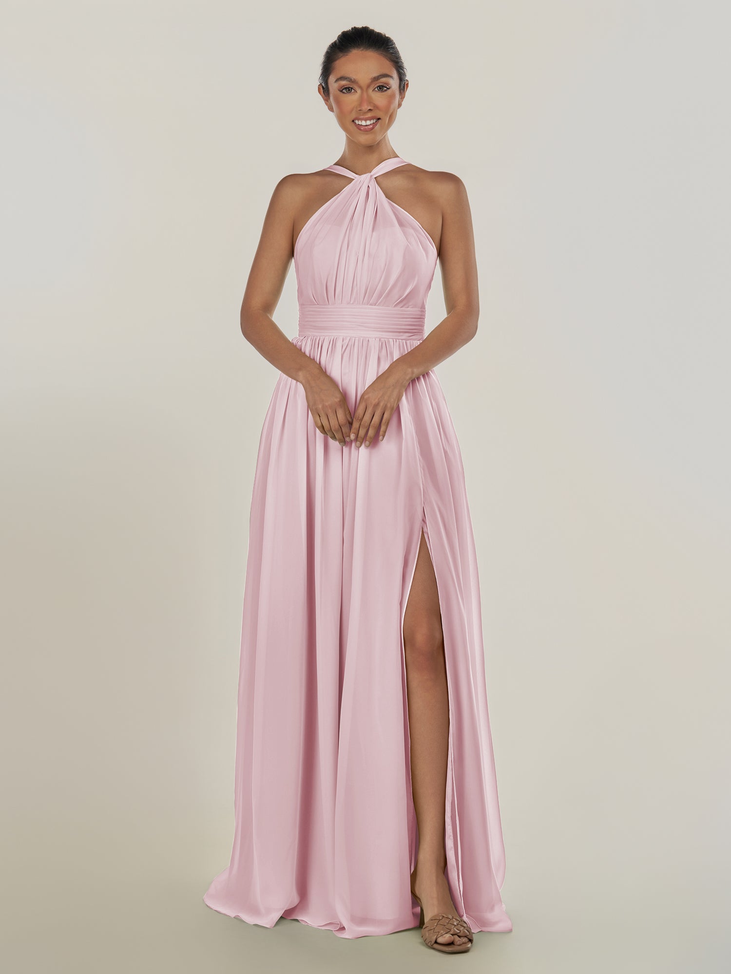 KissDress-Ciri Candy Pink A Line Chiffon Halter Neck Pleated Long Bridesmaid Dress with Slit