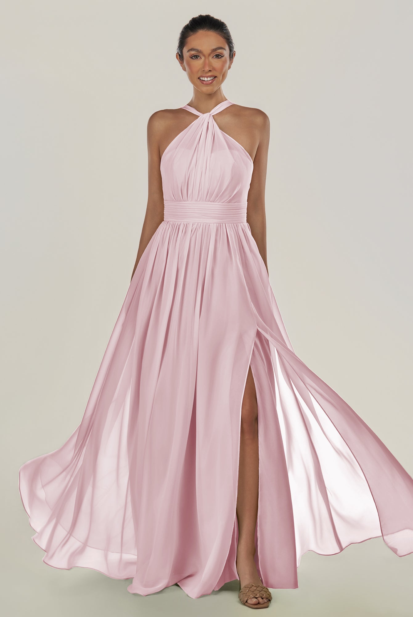 KissDress-Ciri Candy Pink A Line Chiffon Halter Neck Pleated Long Bridesmaid Dress with Slit