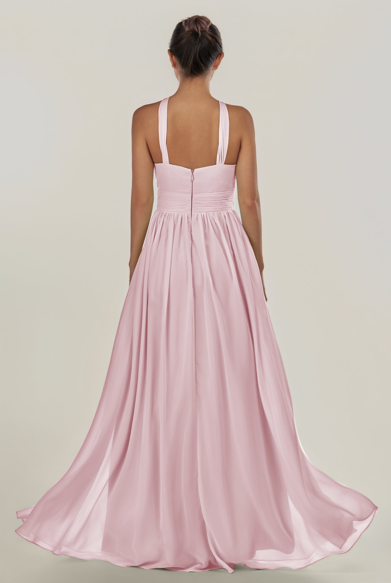 KissDress-Ciri Candy Pink A Line Chiffon Halter Neck Pleated Long Bridesmaid Dress with Slit