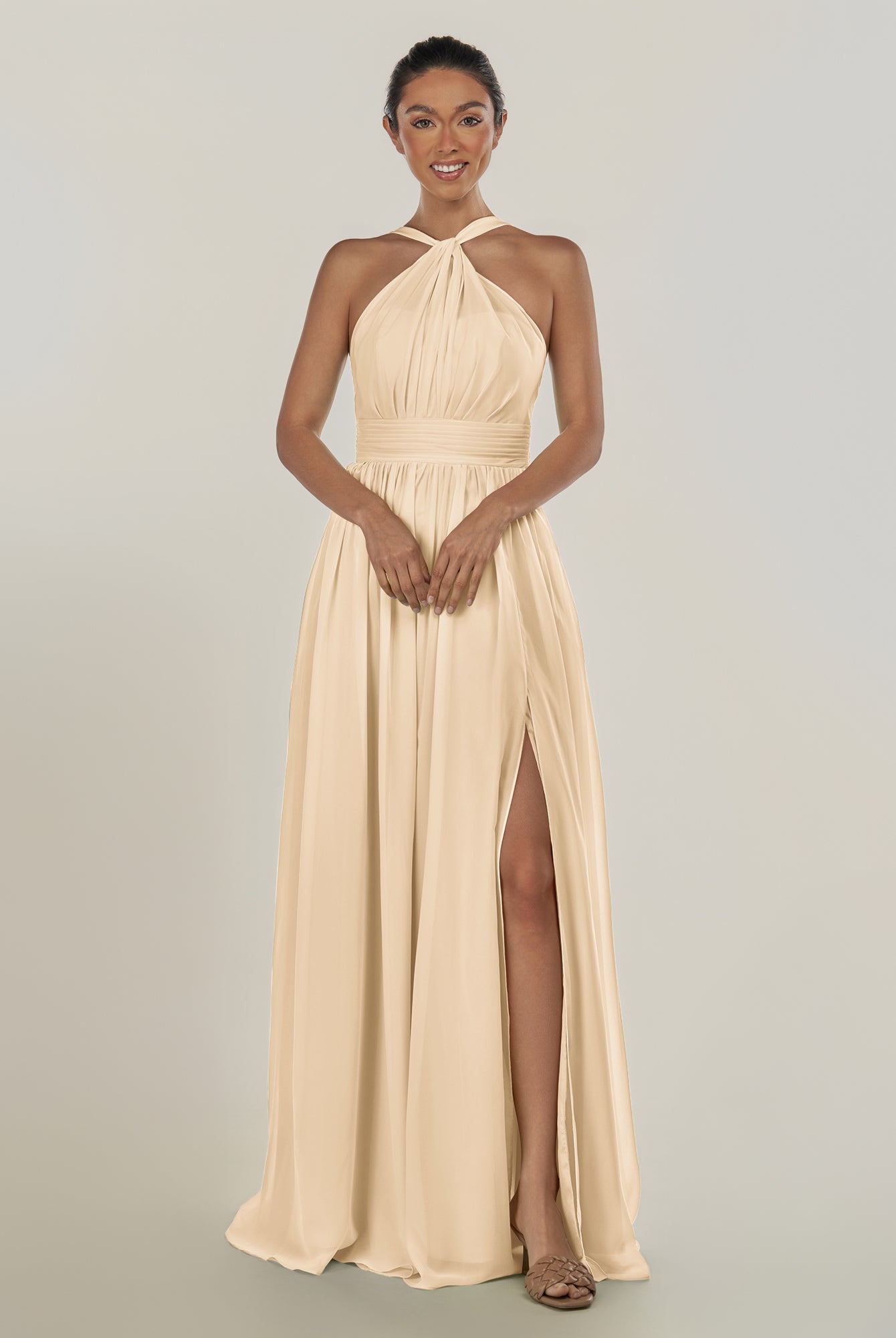 KissDress-Ciri Champagne A Line Chiffon Halter Neck Pleated Long Bridesmaid Dress with Slit