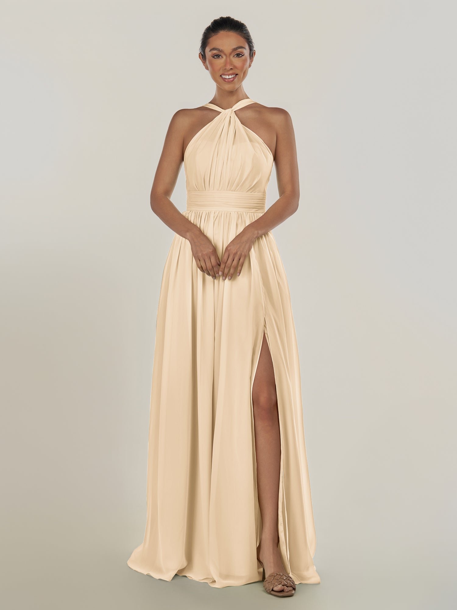 KissDress-Ciri Champagne A Line Chiffon Halter Neck Pleated Long Bridesmaid Dress with Slit