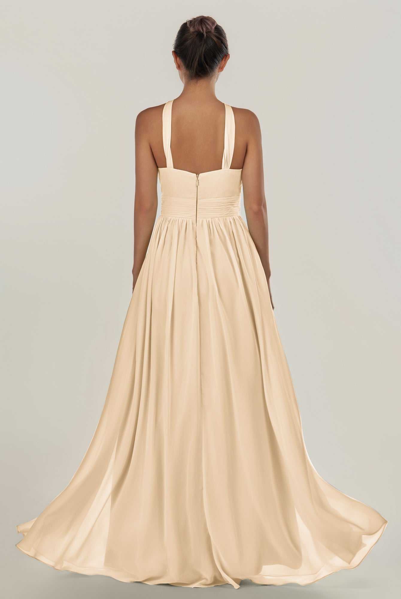 KissDress-Ciri Champagne A Line Chiffon Halter Neck Pleated Long Bridesmaid Dress with Slit