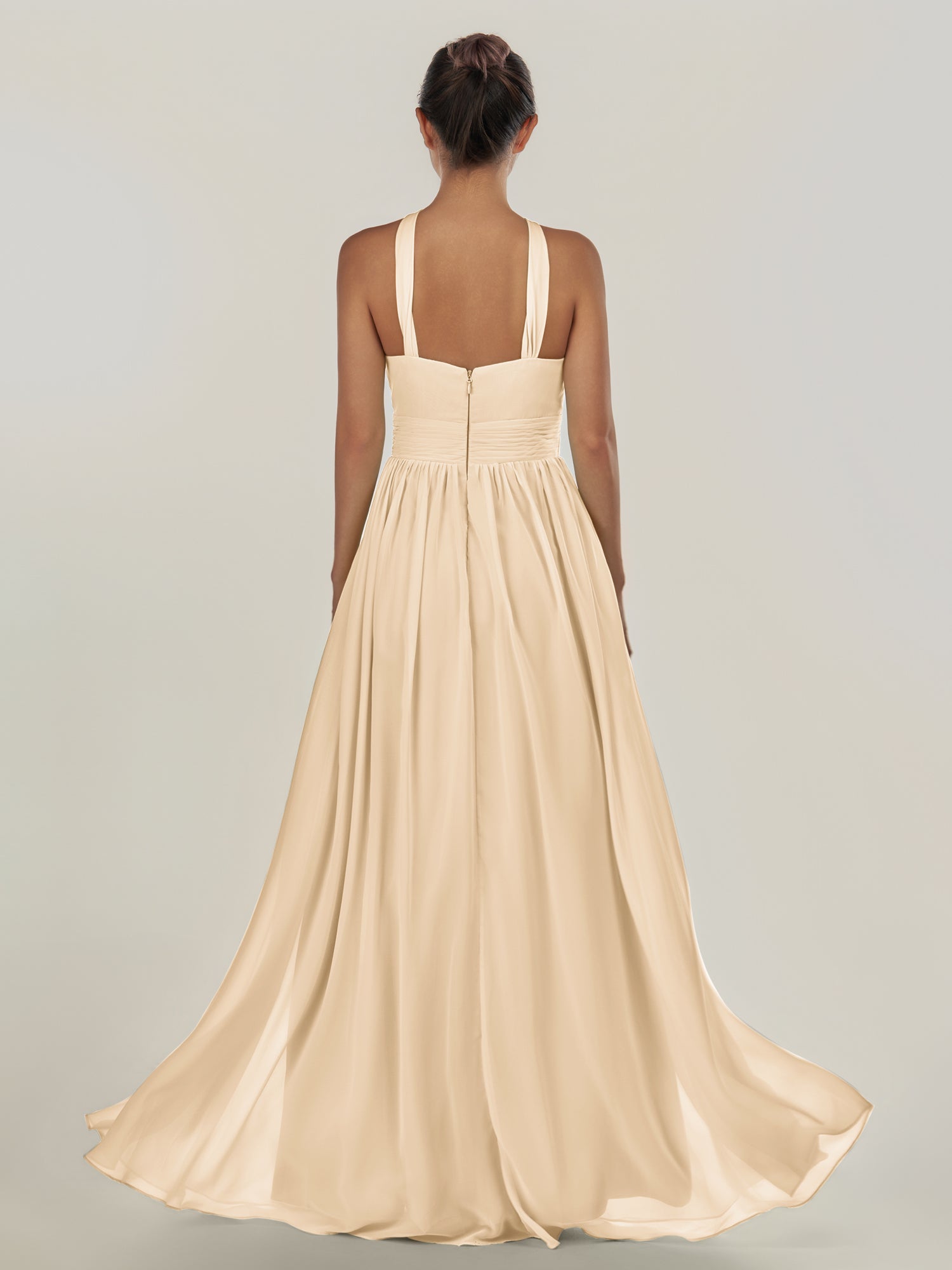 KissDress-Ciri Champagne A Line Chiffon Halter Neck Pleated Long Bridesmaid Dress with Slit