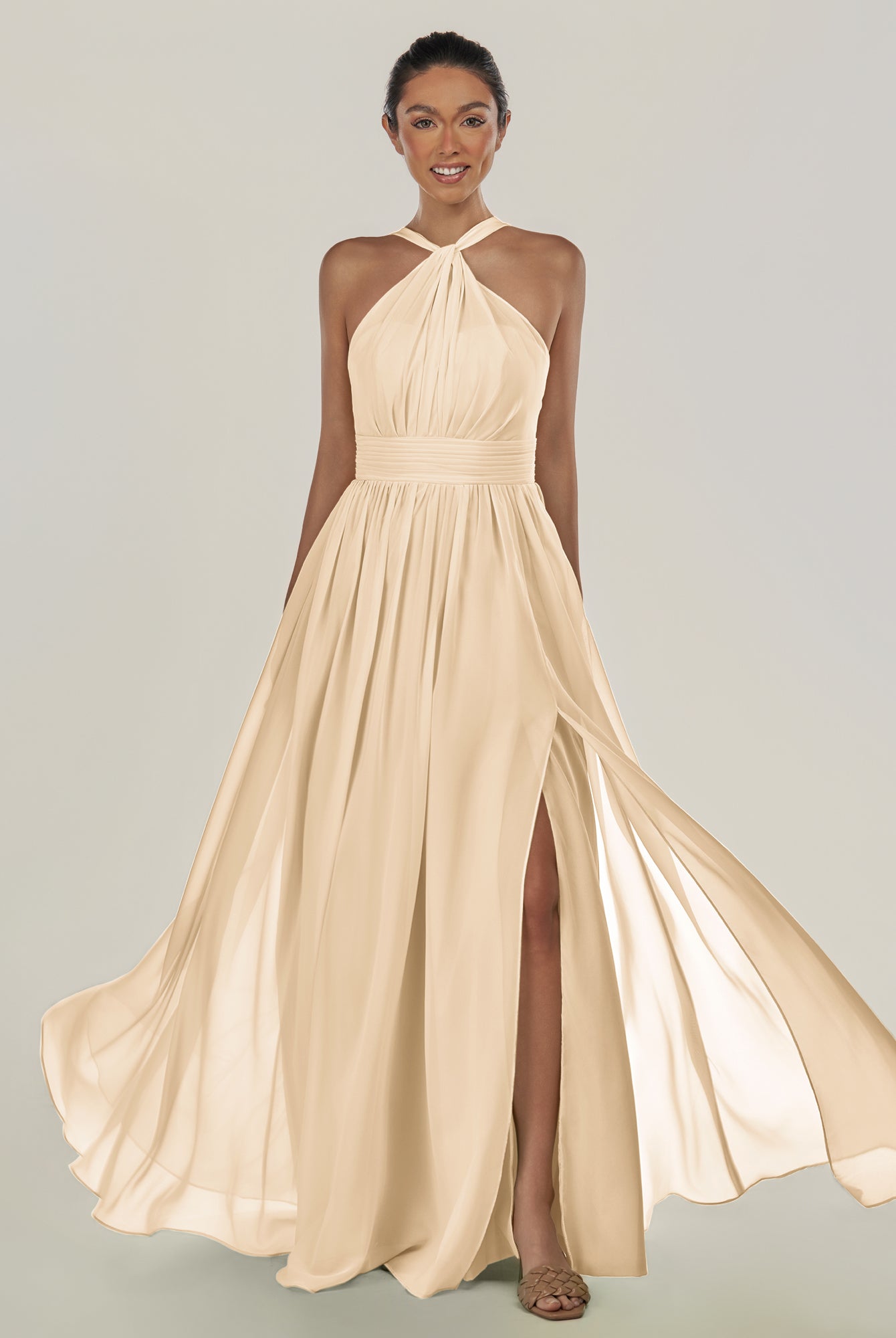 KissDress-Ciri Champagne A Line Chiffon Halter Neck Pleated Long Bridesmaid Dress with Slit