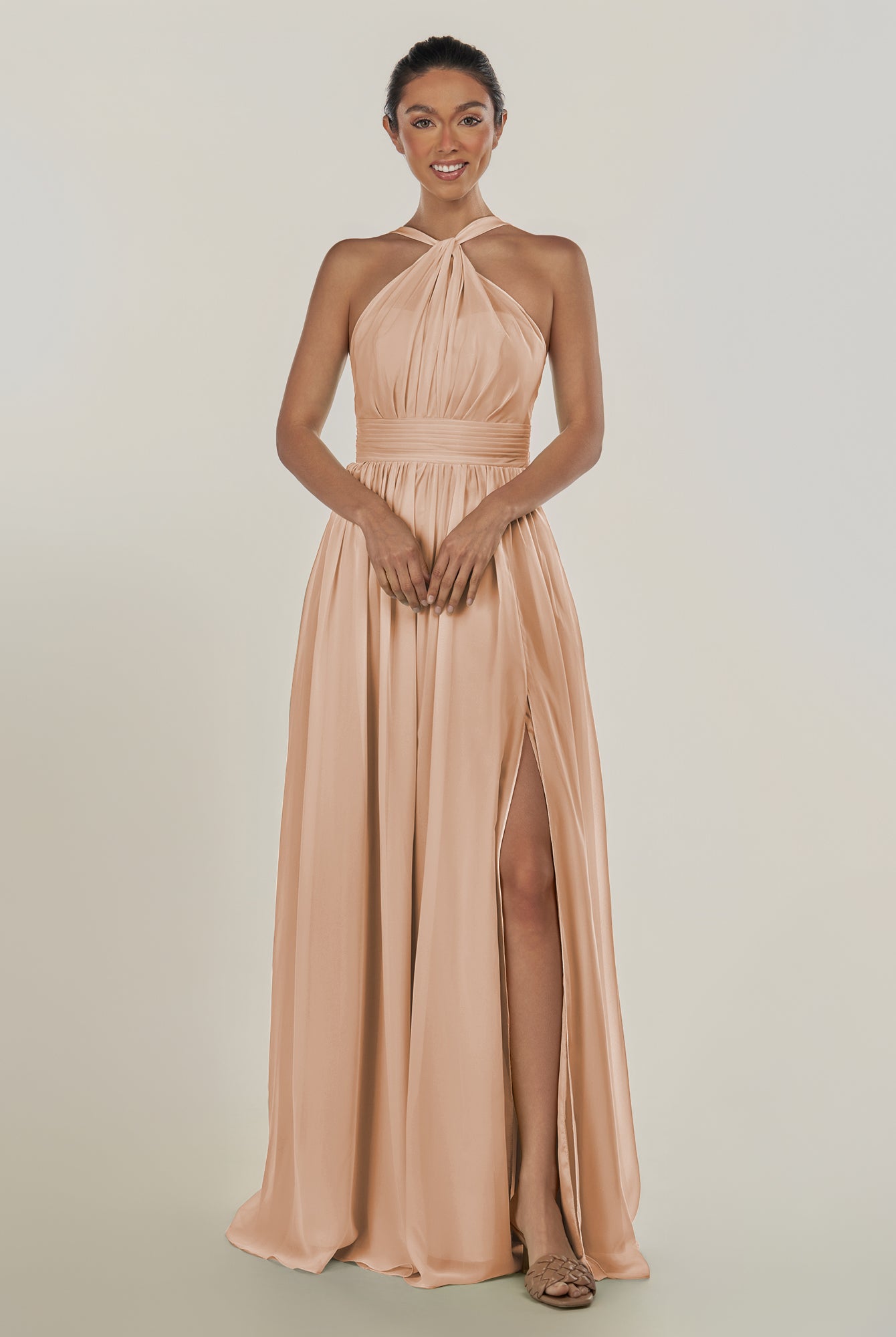 KissDress-Ciri Champagne Rose A Line Chiffon Halter Neck Pleated Long Bridesmaid Dress with Slit