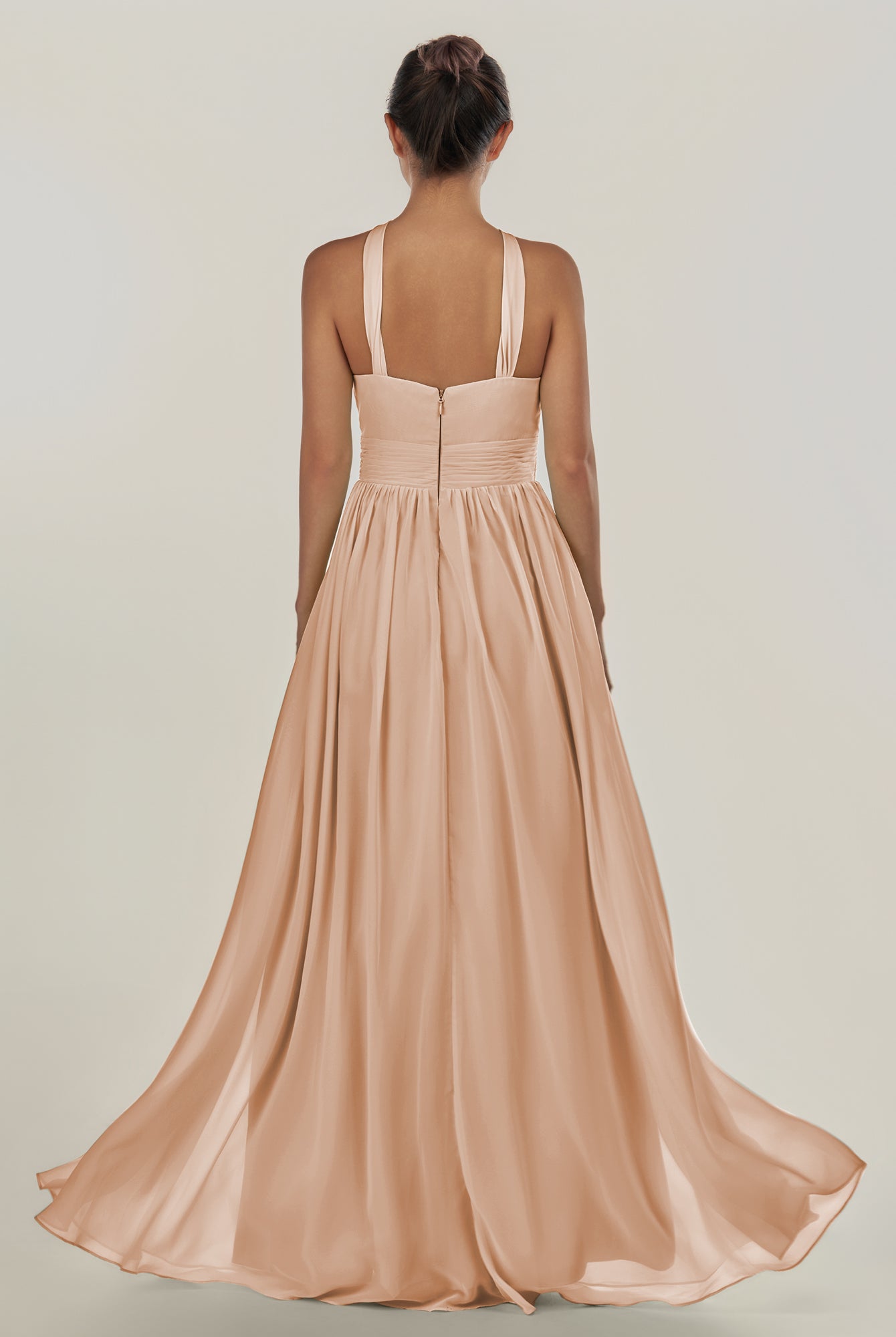 KissDress-Ciri Champagne Rose A Line Chiffon Halter Neck Pleated Long Bridesmaid Dress with Slit