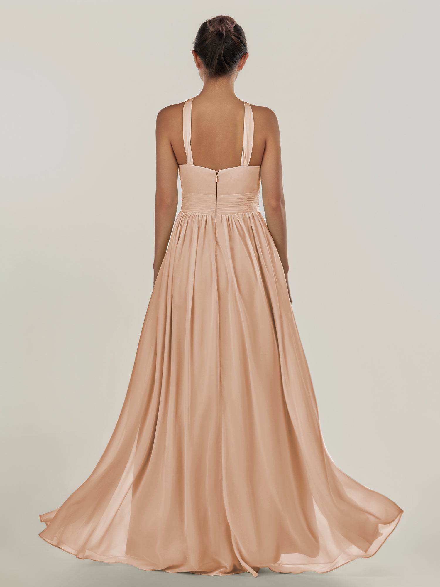 KissDress-Ciri Champagne Rose A Line Chiffon Halter Neck Pleated Long Bridesmaid Dress with Slit