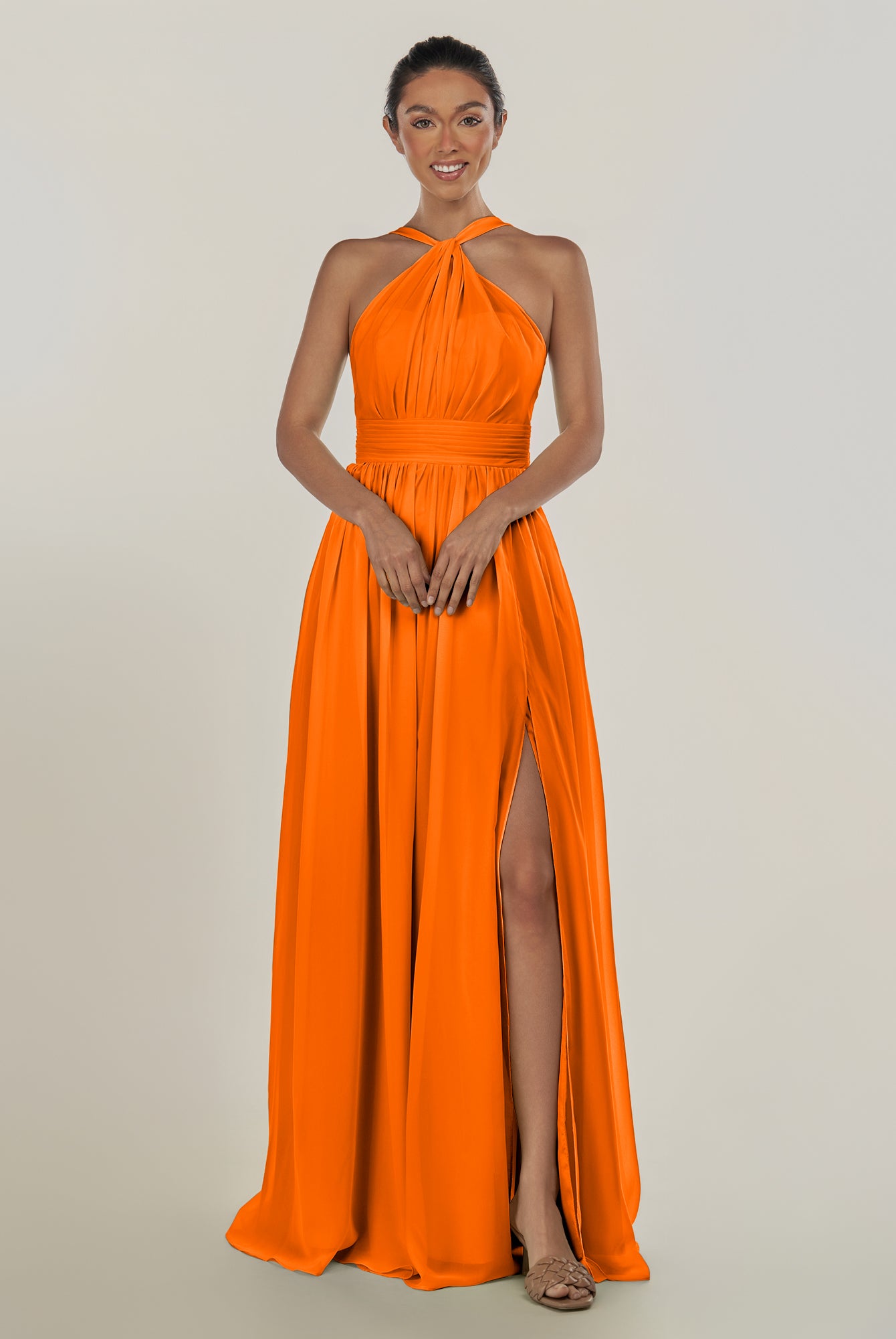 KissDress-Ciri Cinnamon A Line Chiffon Halter Neck Pleated Long Bridesmaid Dress with Slit