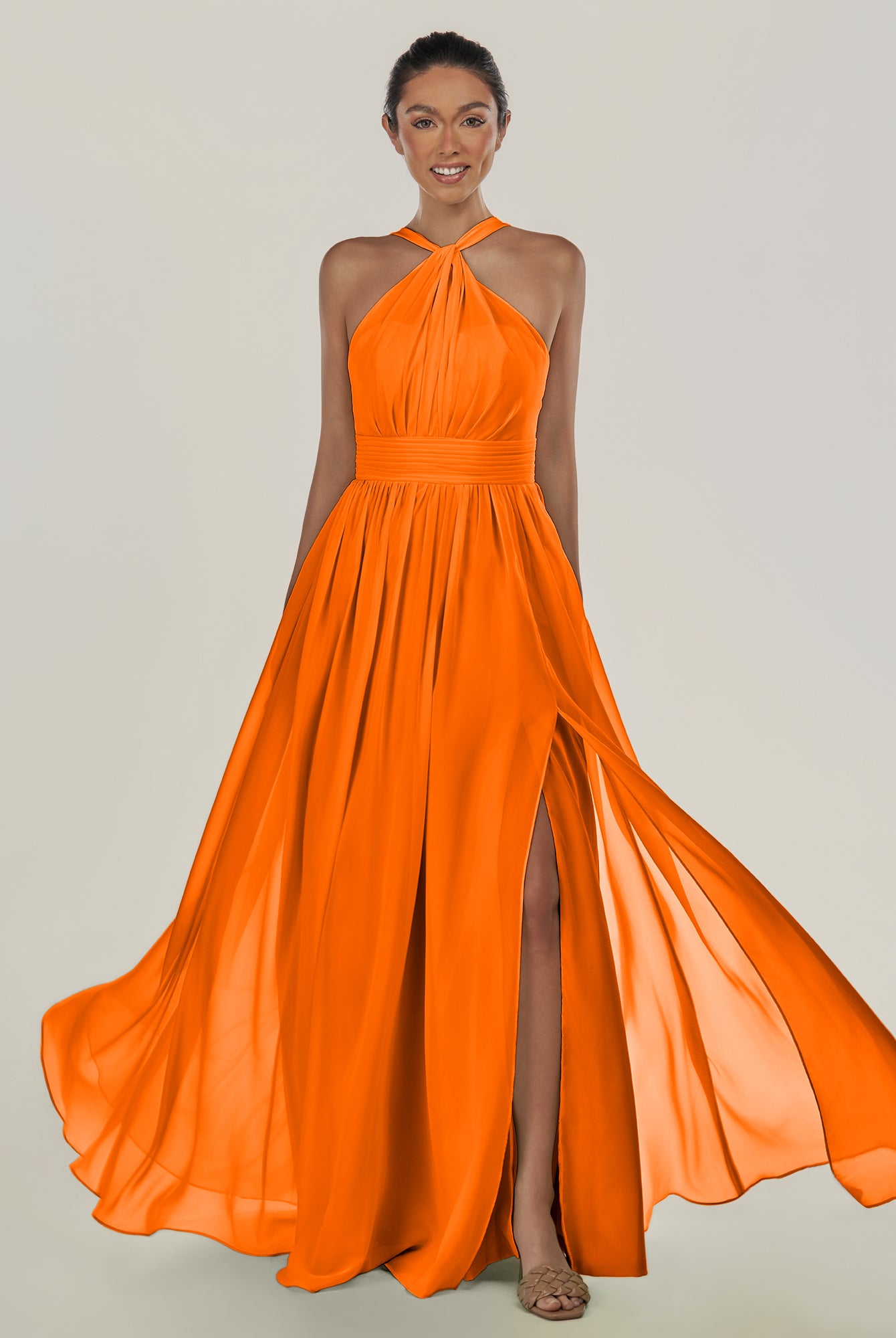 KissDress-Ciri Cinnamon A Line Chiffon Halter Neck Pleated Long Bridesmaid Dress with Slit