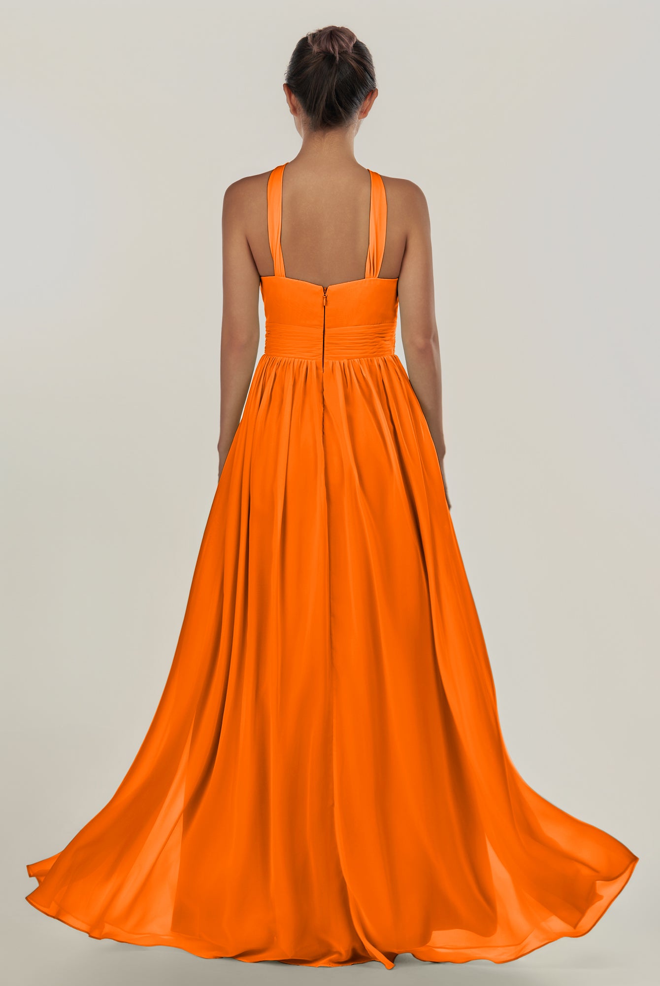 KissDress-Ciri Cinnamon A Line Chiffon Halter Neck Pleated Long Bridesmaid Dress with Slit