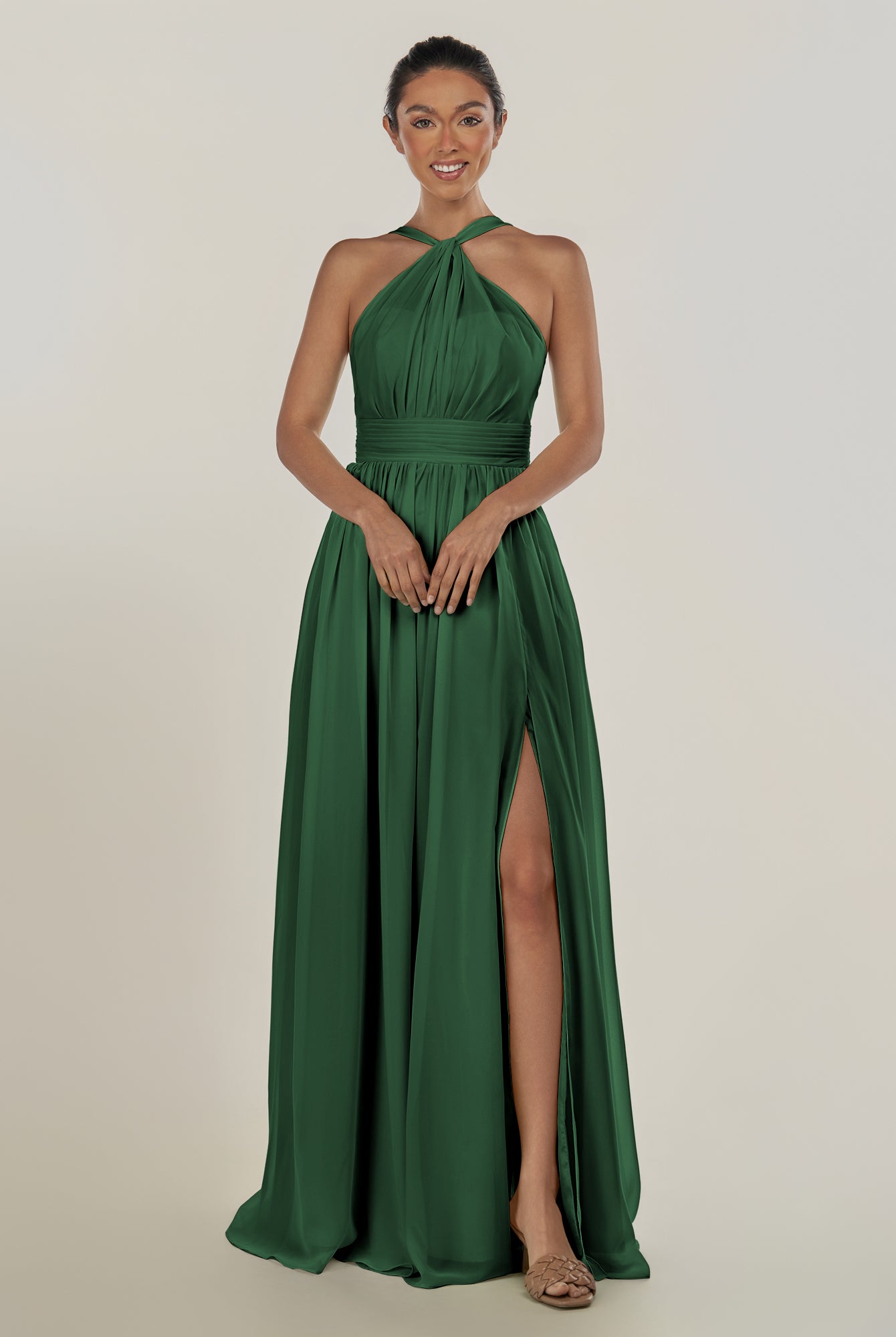KissDress-Ciri Dark Green A Line Chiffon Halter Neck Pleated Long Bridesmaid Dress with Slit