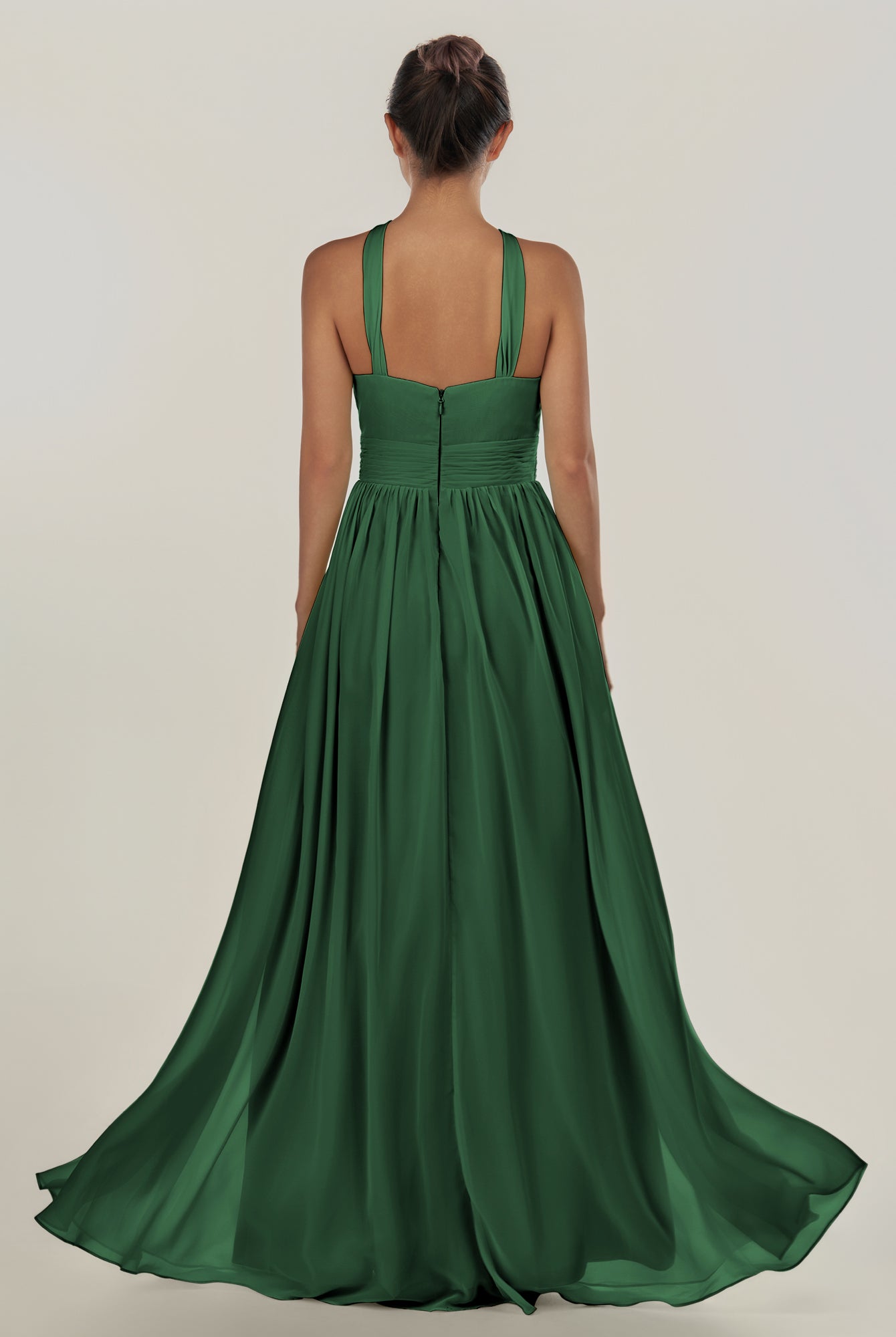 KissDress-Ciri Dark Green A Line Chiffon Halter Neck Pleated Long Bridesmaid Dress with Slit