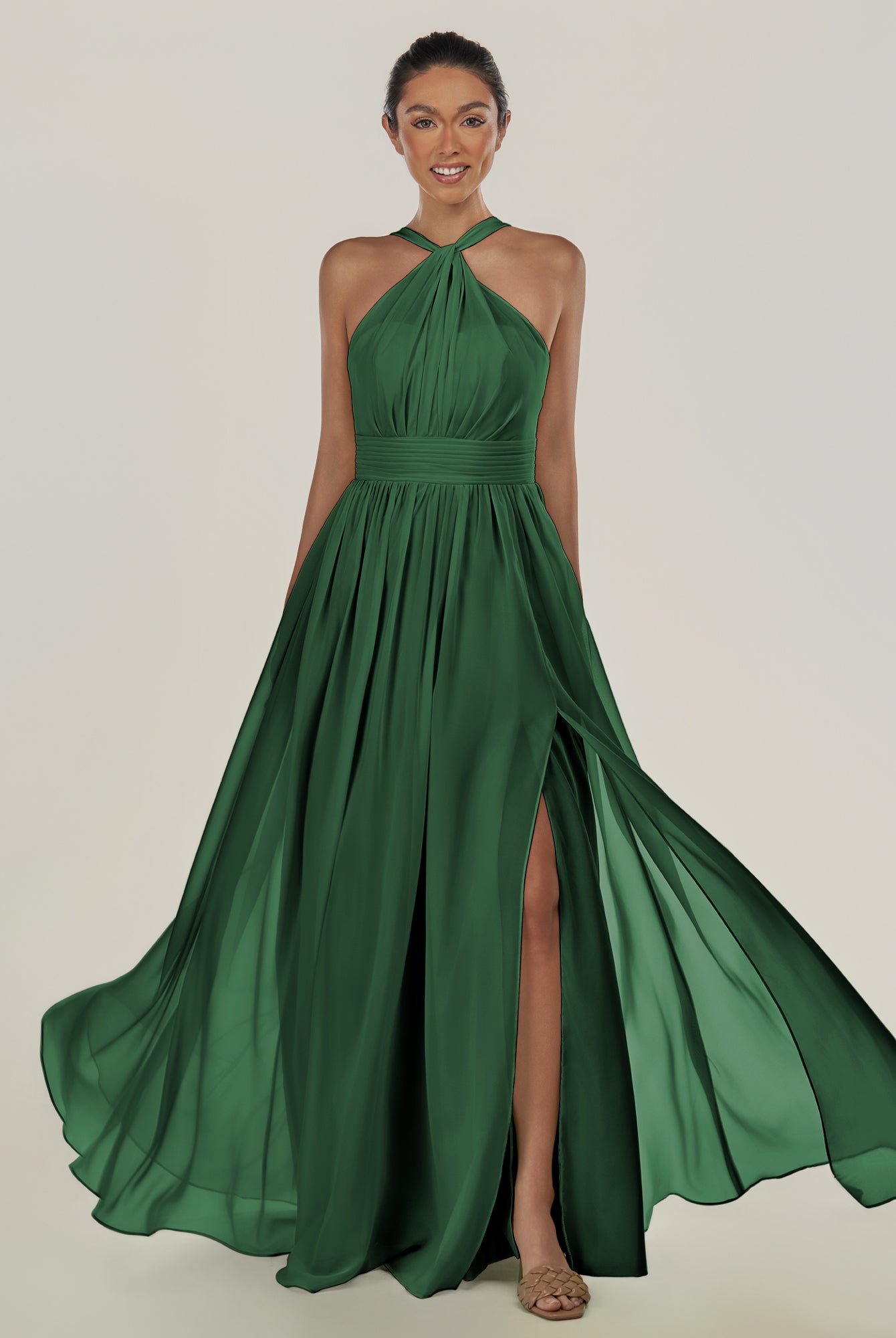 KissDress-Ciri Dark Green A Line Chiffon Halter Neck Pleated Long Bridesmaid Dress with Slit