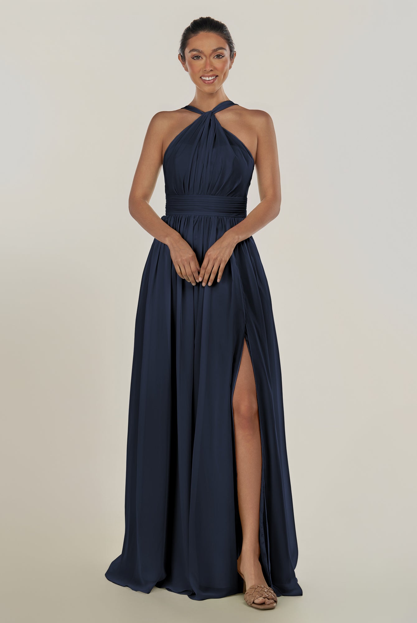 KissDress-Ciri Dark Navy A Line Chiffon Halter Neck Pleated Long Bridesmaid Dress with Slit