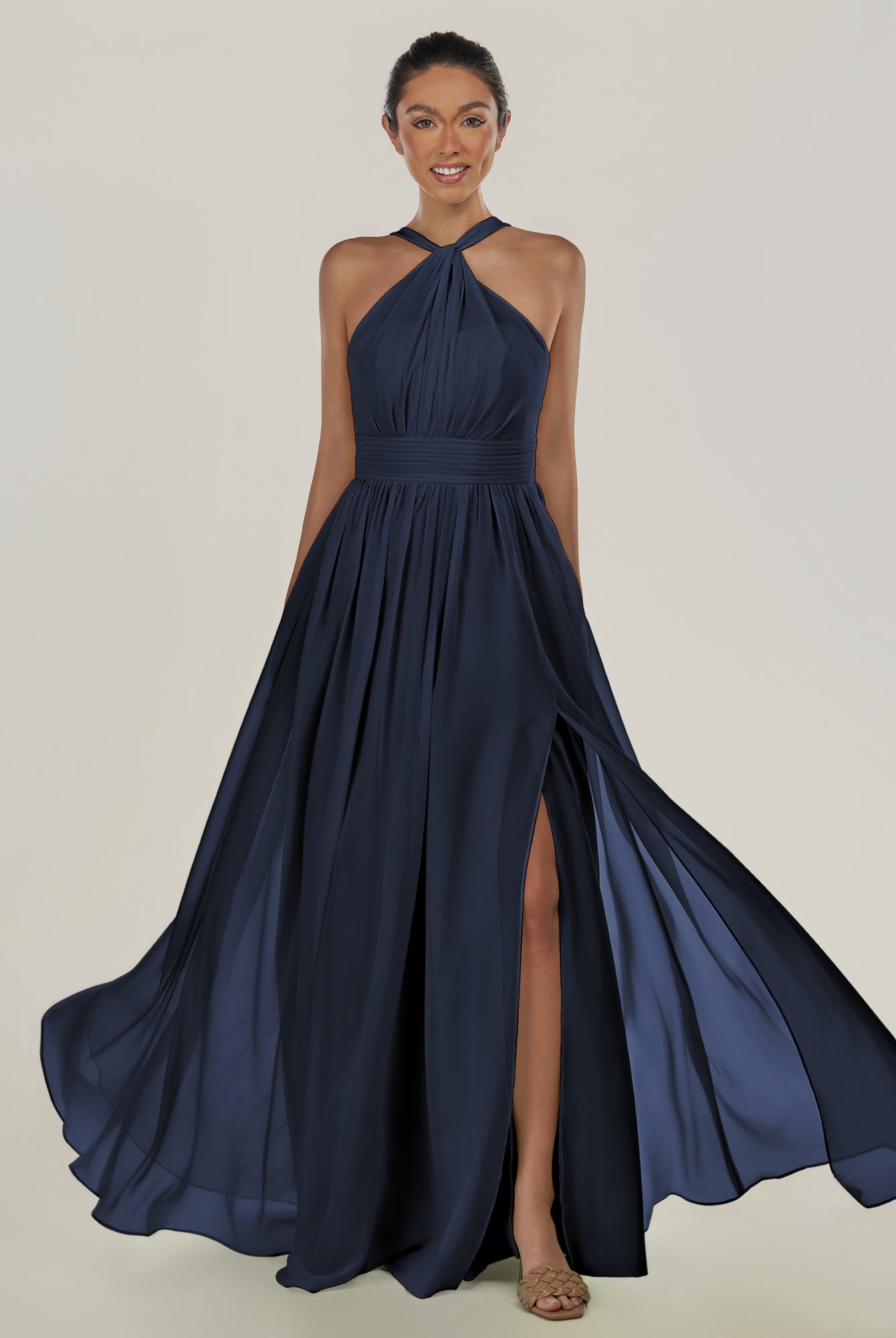 KissDress-Ciri Dark Navy A Line Chiffon Halter Neck Pleated Long Bridesmaid Dress with Slit