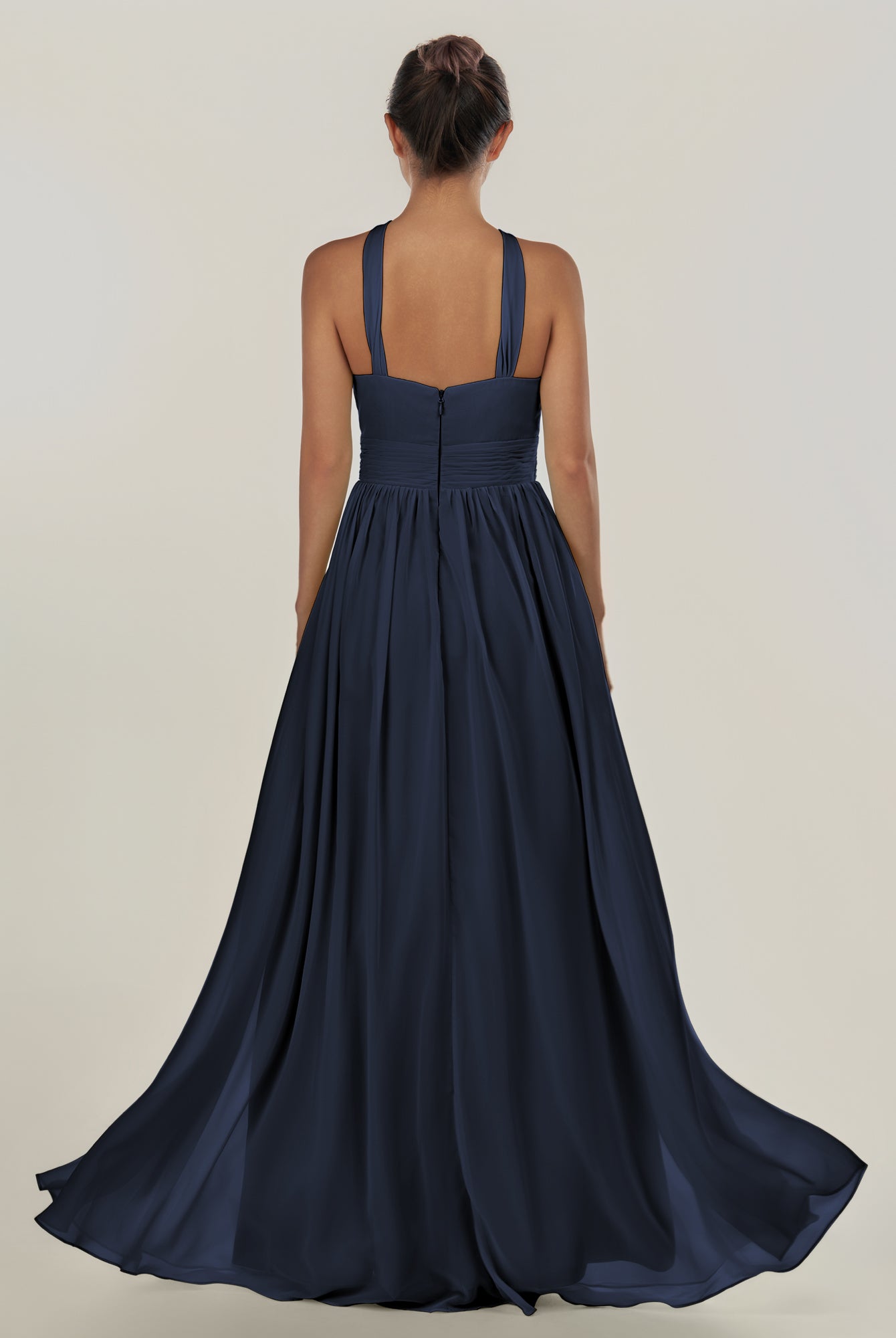 KissDress-Ciri Dark Navy A Line Chiffon Halter Neck Pleated Long Bridesmaid Dress with Slit