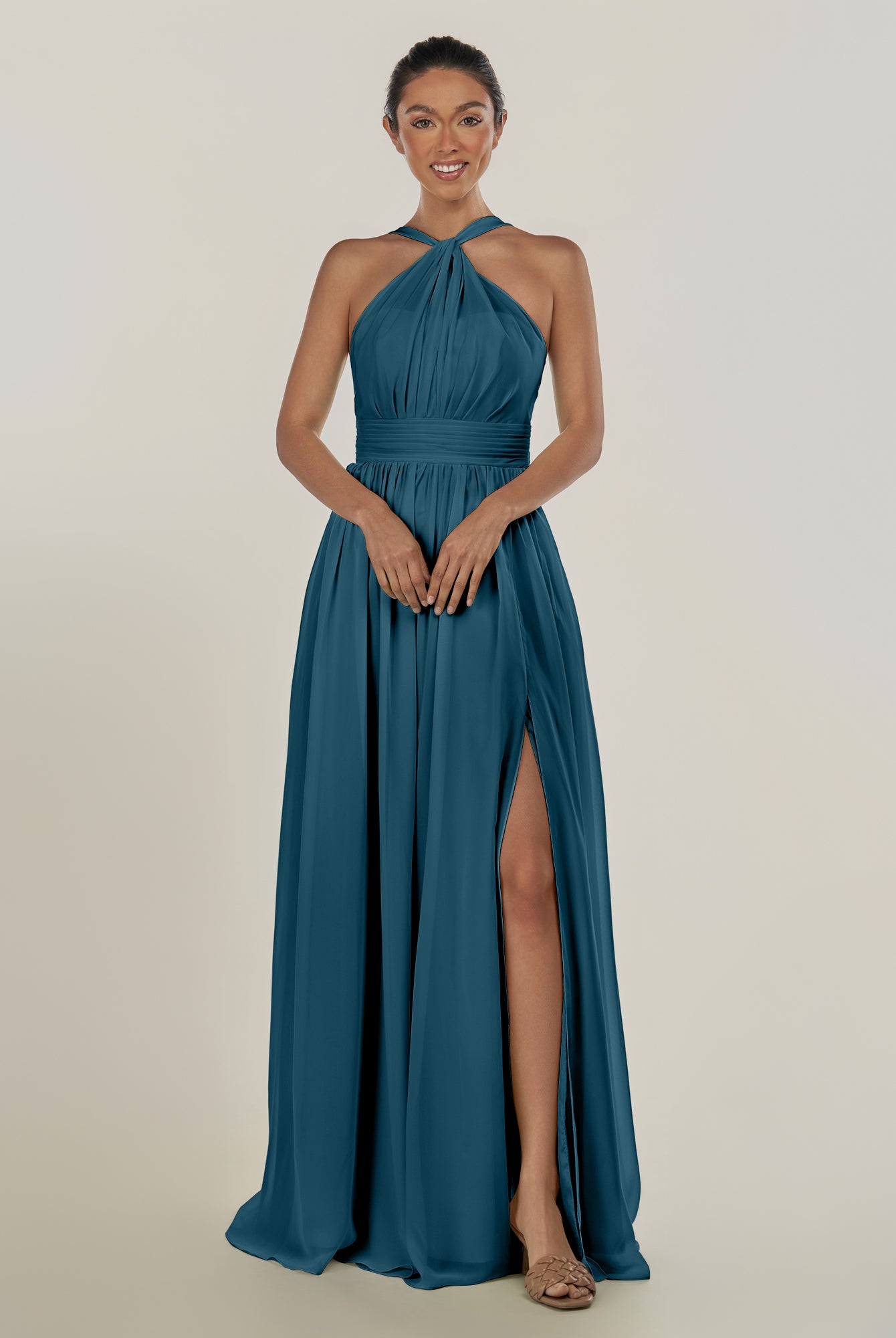 KissDress-Ciri Dark Teal A Line Chiffon Halter Neck Pleated Long Bridesmaid Dress with Slit