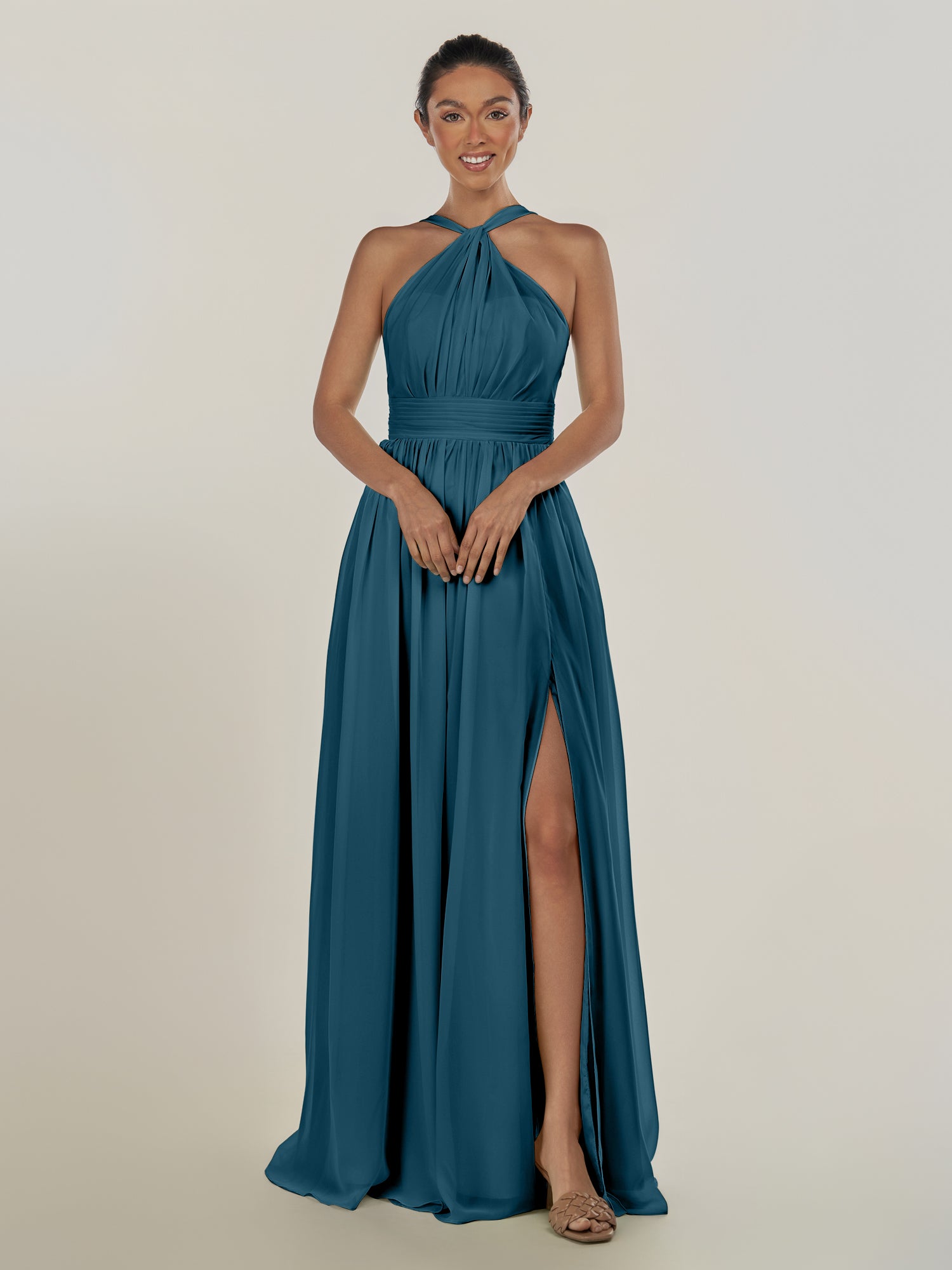 KissDress-Ciri Dark Teal A Line Chiffon Halter Neck Pleated Long Bridesmaid Dress with Slit