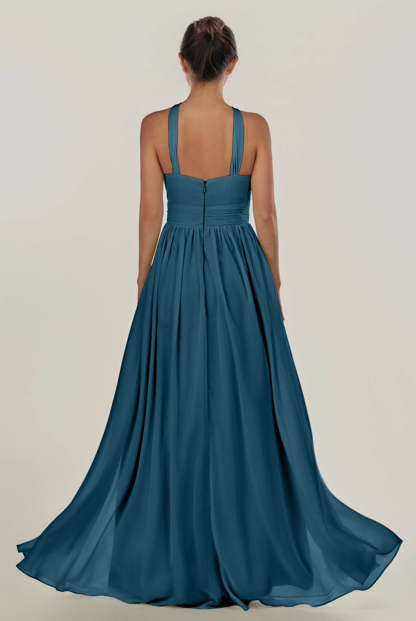 KissDress-Ciri Dark Teal A Line Chiffon Halter Neck Pleated Long Bridesmaid Dress with Slit