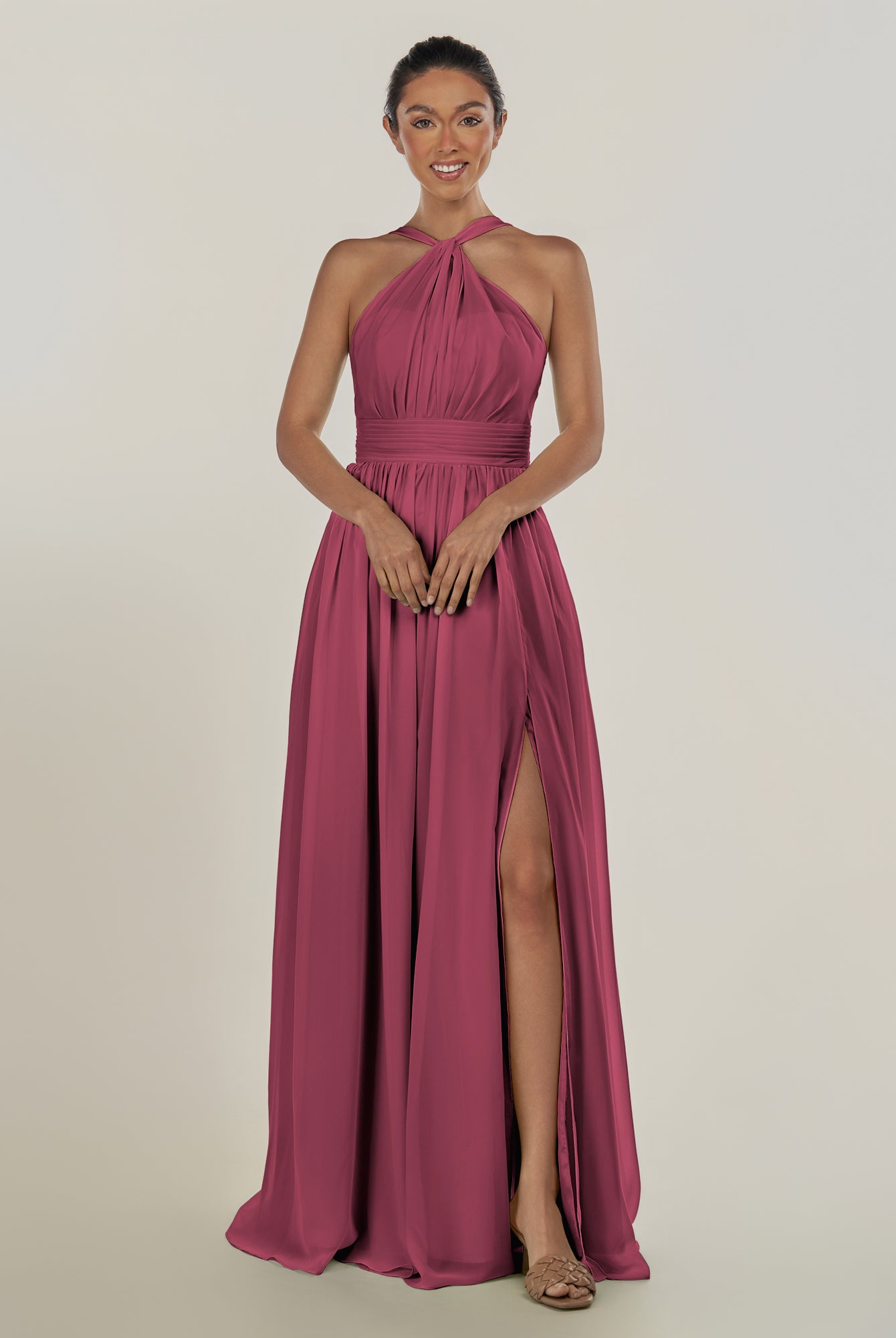 KissDress-Ciri Desert Rose A Line Chiffon Halter Neck Pleated Long Bridesmaid Dress with Slit