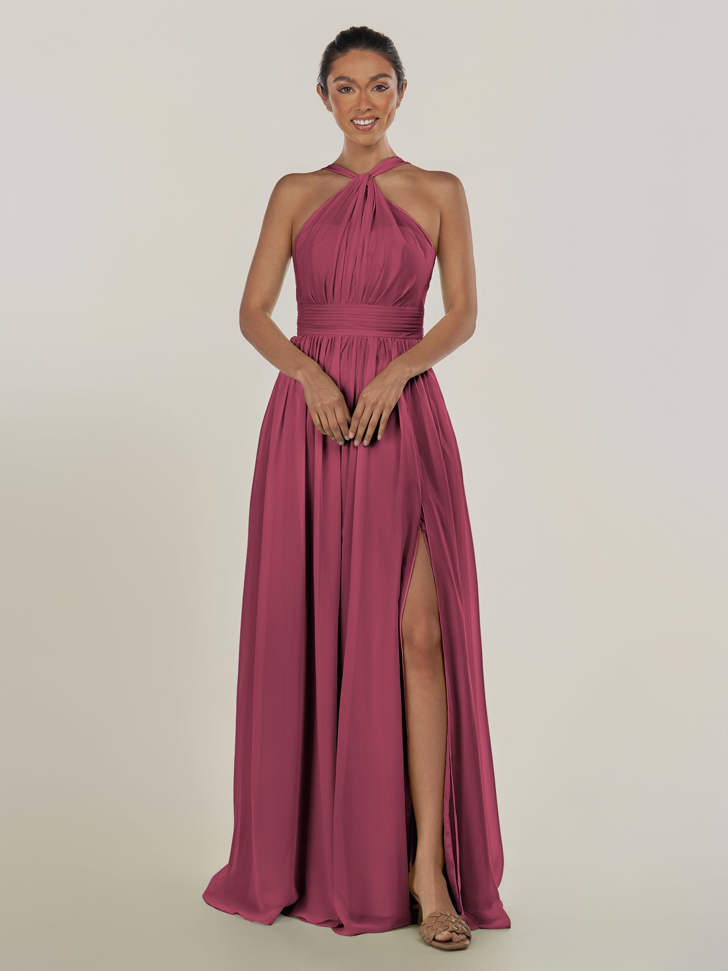 KissDress-Ciri Desert Rose A Line Chiffon Halter Neck Pleated Long Bridesmaid Dress with Slit