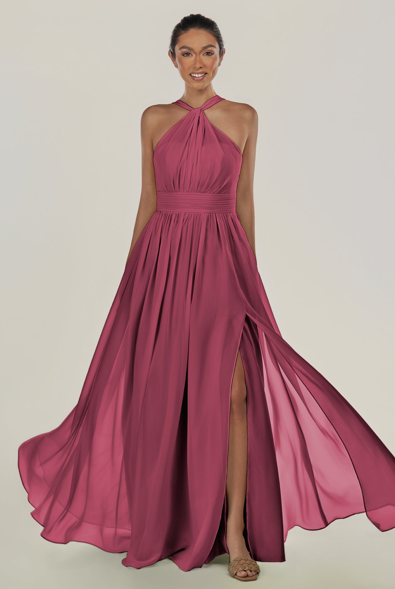 KissDress-Ciri Desert Rose A Line Chiffon Halter Neck Pleated Long Bridesmaid Dress with Slit