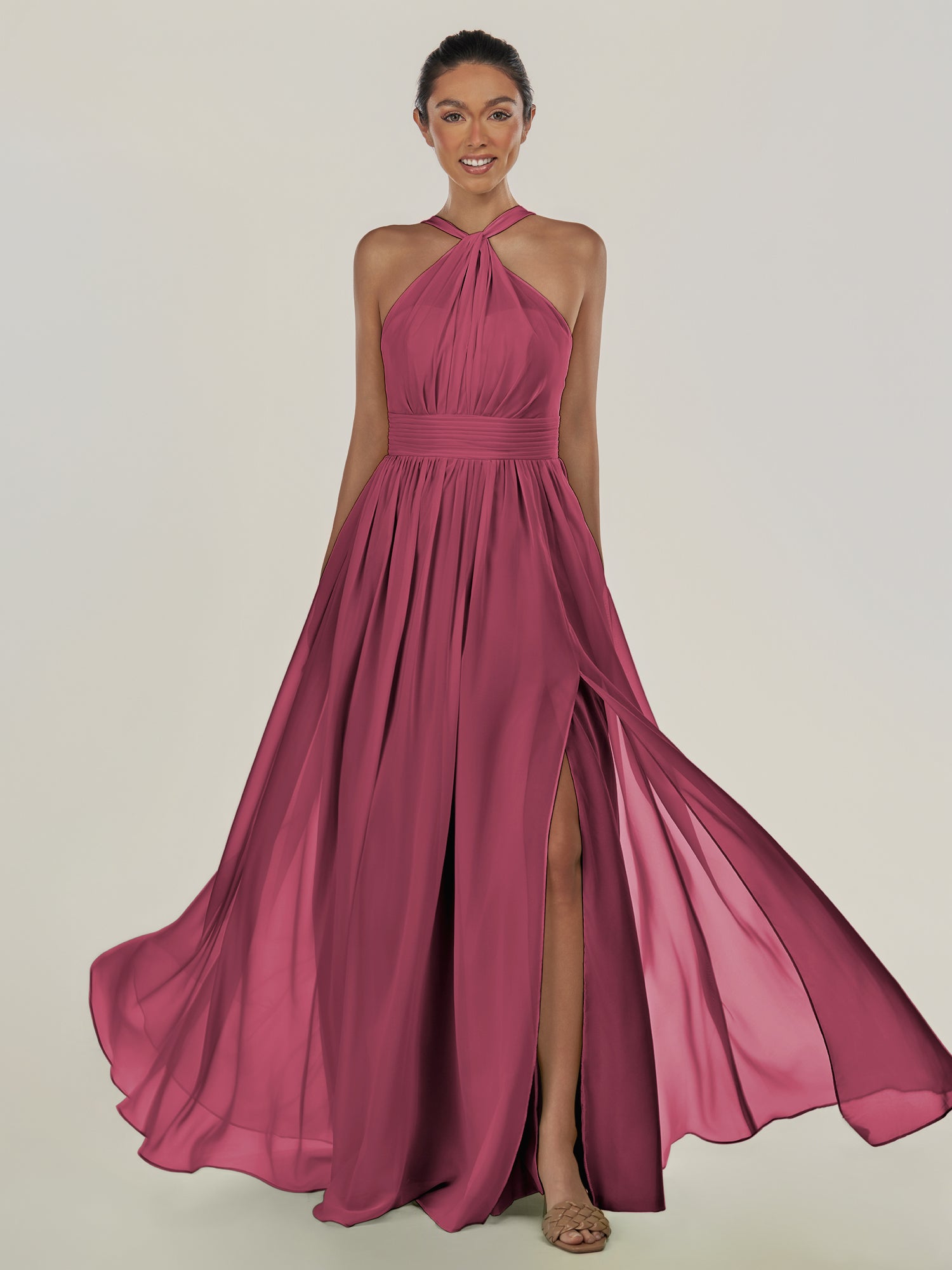 KissDress-Ciri Desert Rose A Line Chiffon Halter Neck Pleated Long Bridesmaid Dress with Slit