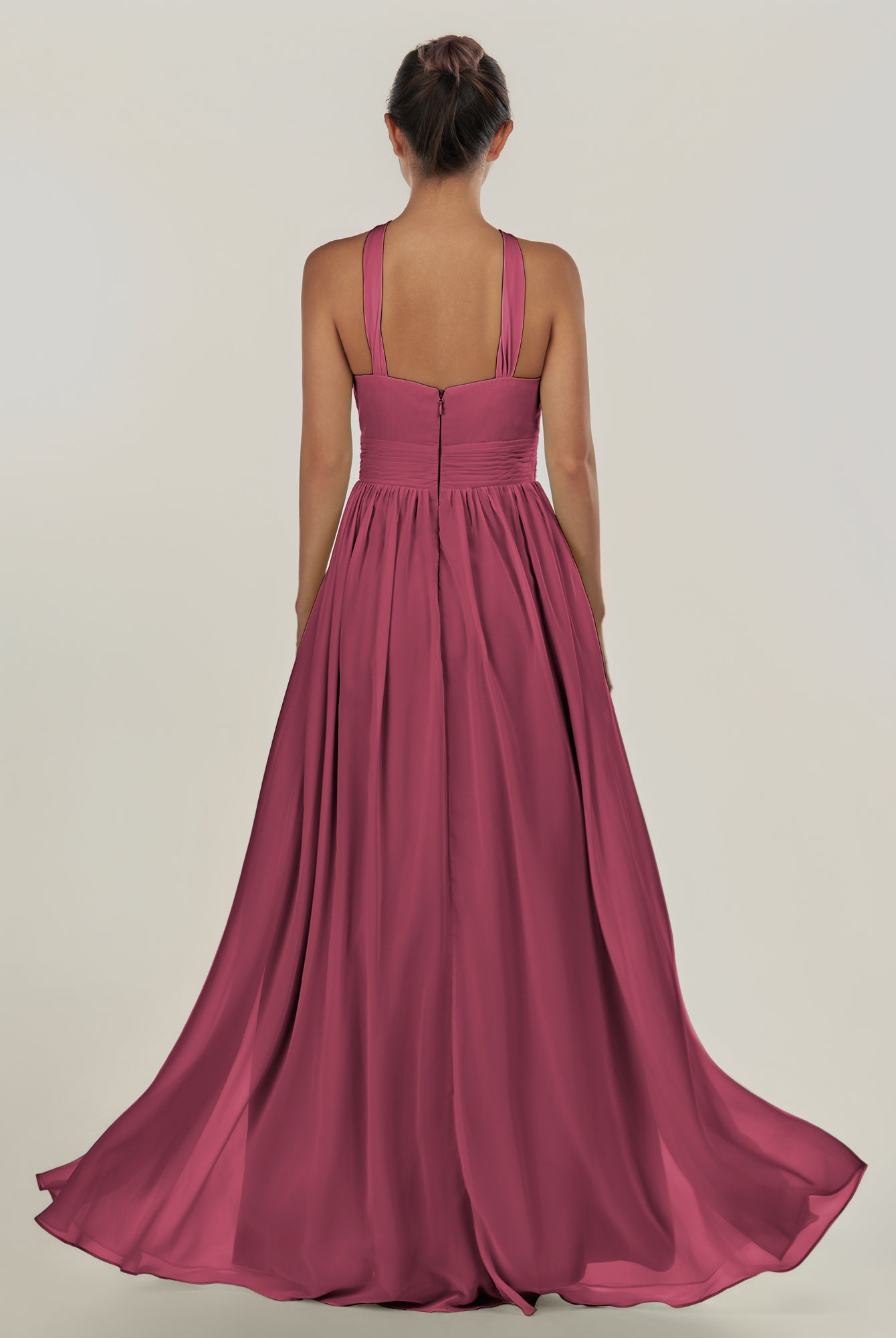 KissDress-Ciri Desert Rose A Line Chiffon Halter Neck Pleated Long Bridesmaid Dress with Slit