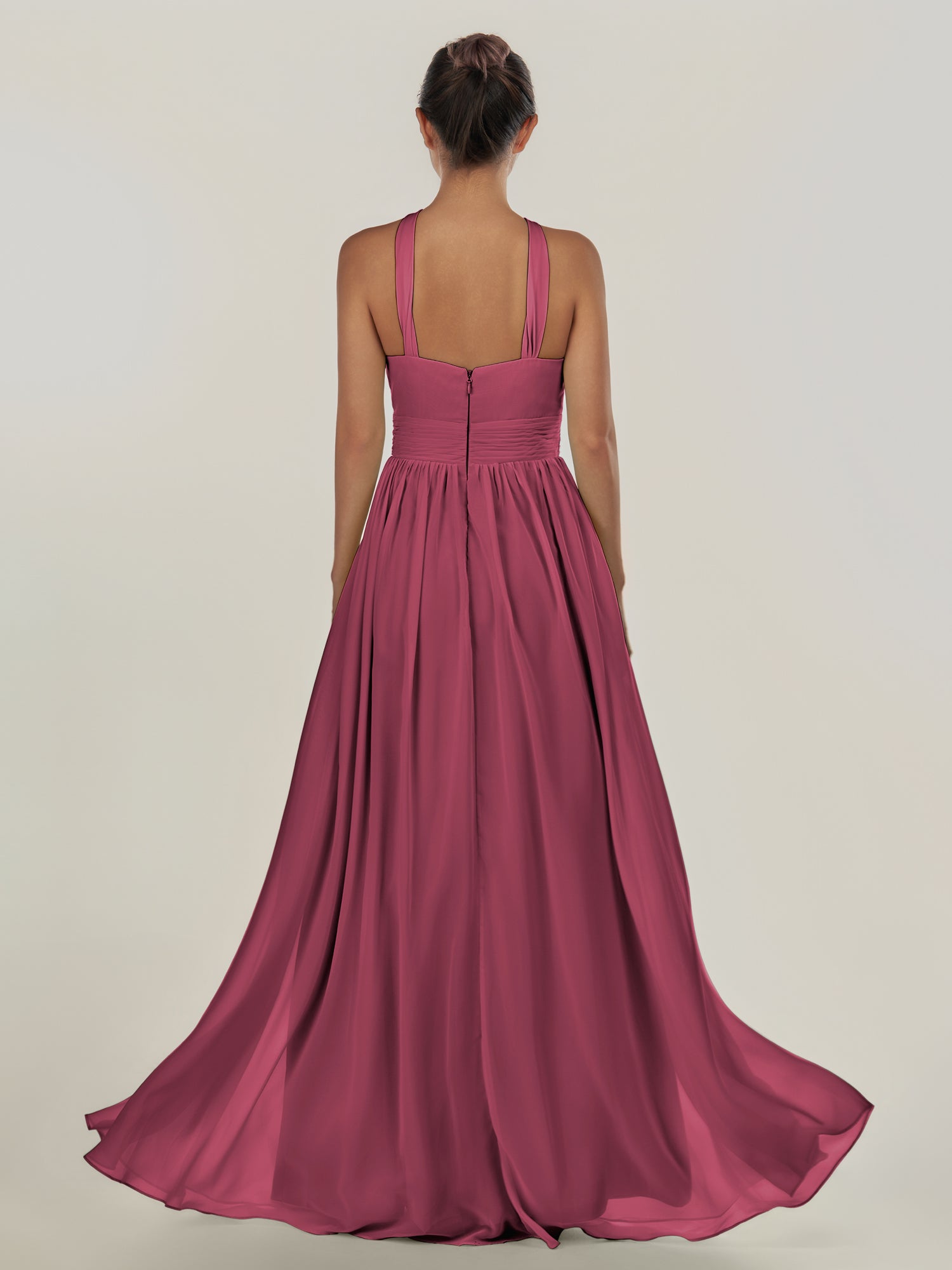 KissDress-Ciri Desert Rose A Line Chiffon Halter Neck Pleated Long Bridesmaid Dress with Slit