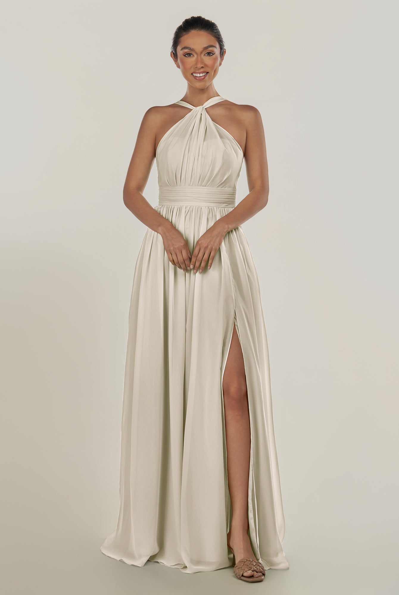 KissDress-Ciri Dove Gray A Line Chiffon Halter Neck Pleated Long Bridesmaid Dress with Slit