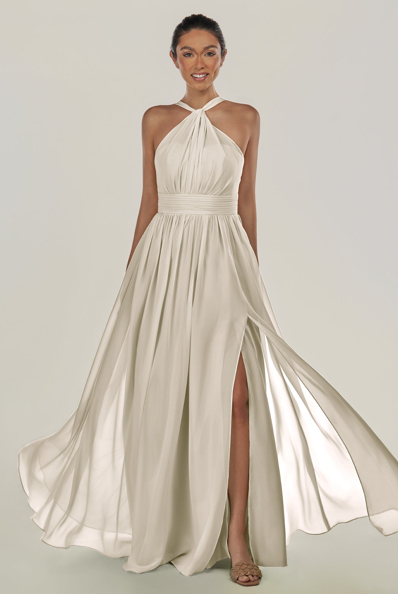 KissDress-Ciri Dove Gray A Line Chiffon Halter Neck Pleated Long Bridesmaid Dress with Slit