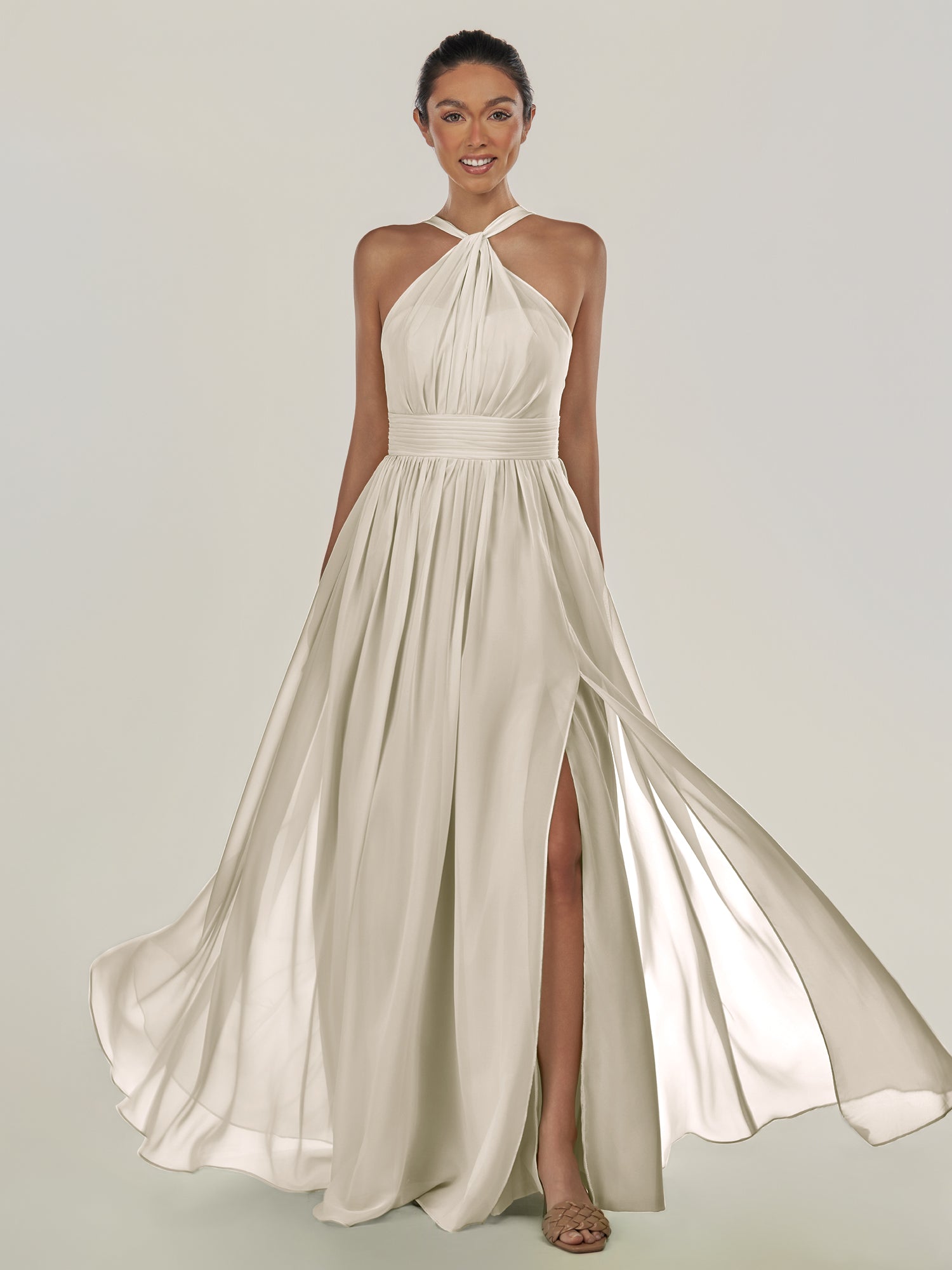 KissDress-Ciri Dove Gray A Line Chiffon Halter Neck Pleated Long Bridesmaid Dress with Slit