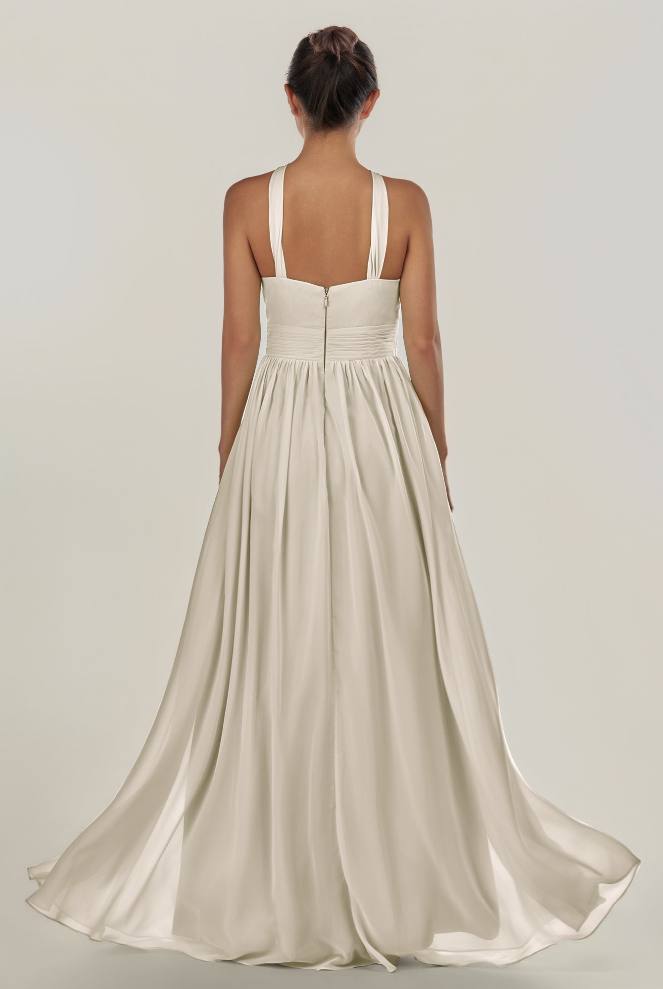 KissDress-Ciri Dove Gray A Line Chiffon Halter Neck Pleated Long Bridesmaid Dress with Slit