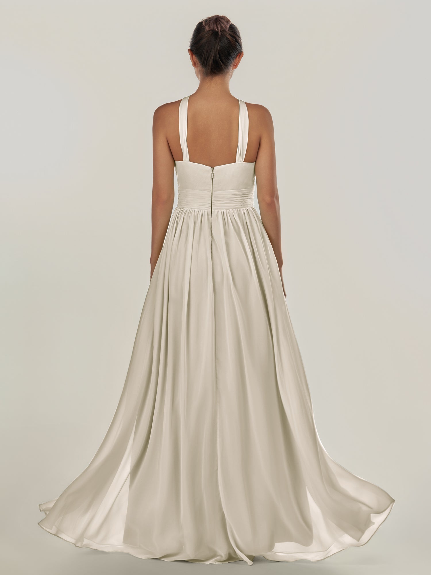 KissDress-Ciri Dove Gray A Line Chiffon Halter Neck Pleated Long Bridesmaid Dress with Slit