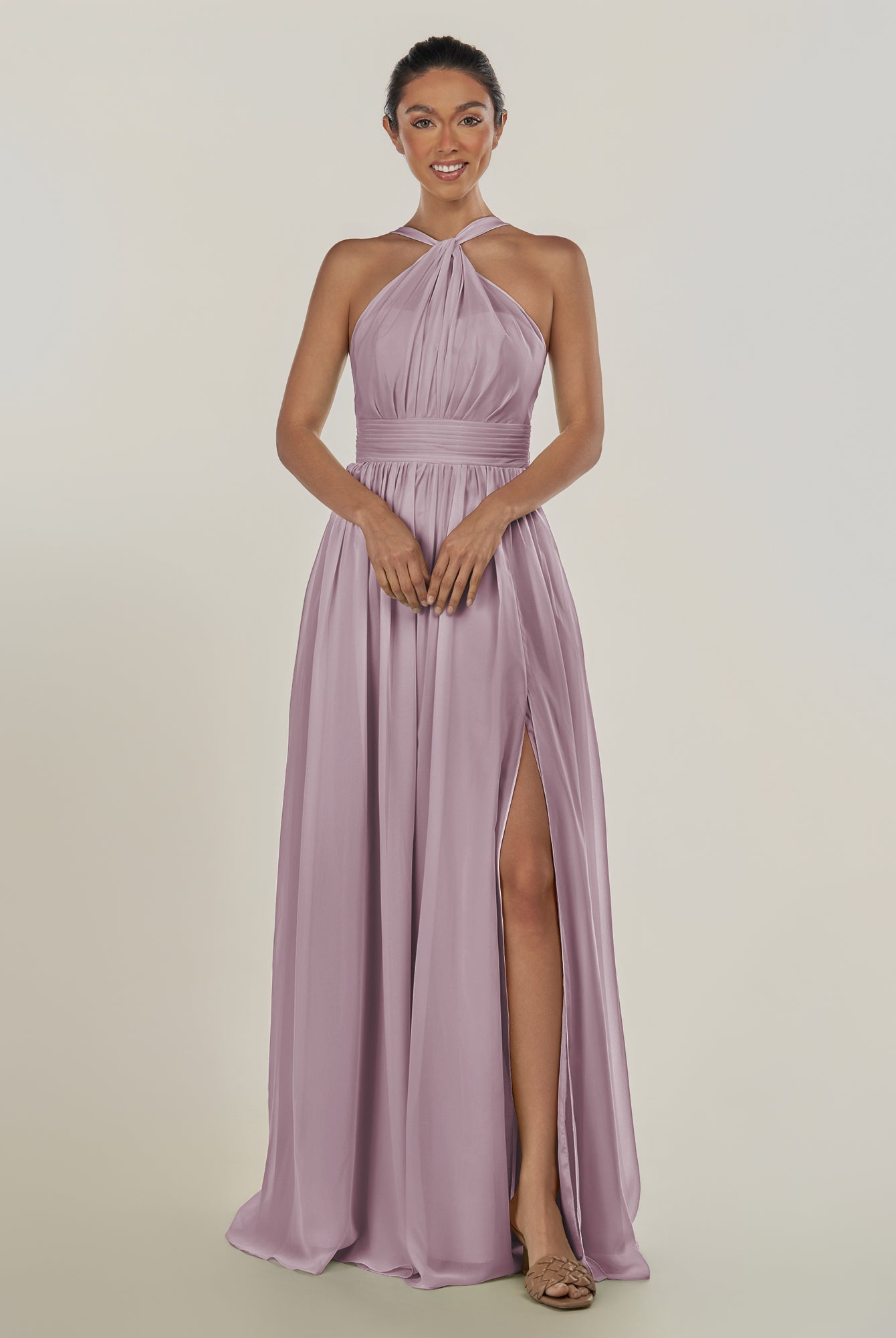 KissDress-Ciri Dusk A Line Chiffon Halter Neck Pleated Long Bridesmaid Dress with Slit