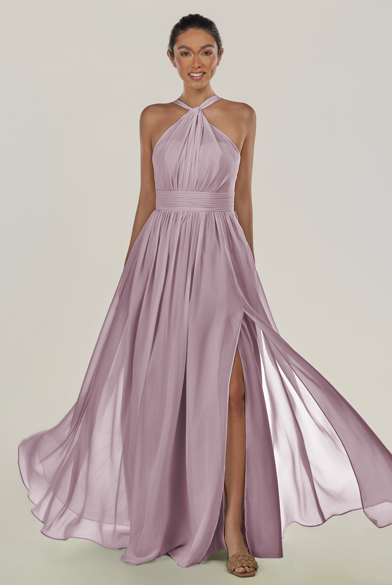 KissDress-Ciri Dusk A Line Chiffon Halter Neck Pleated Long Bridesmaid Dress with Slit