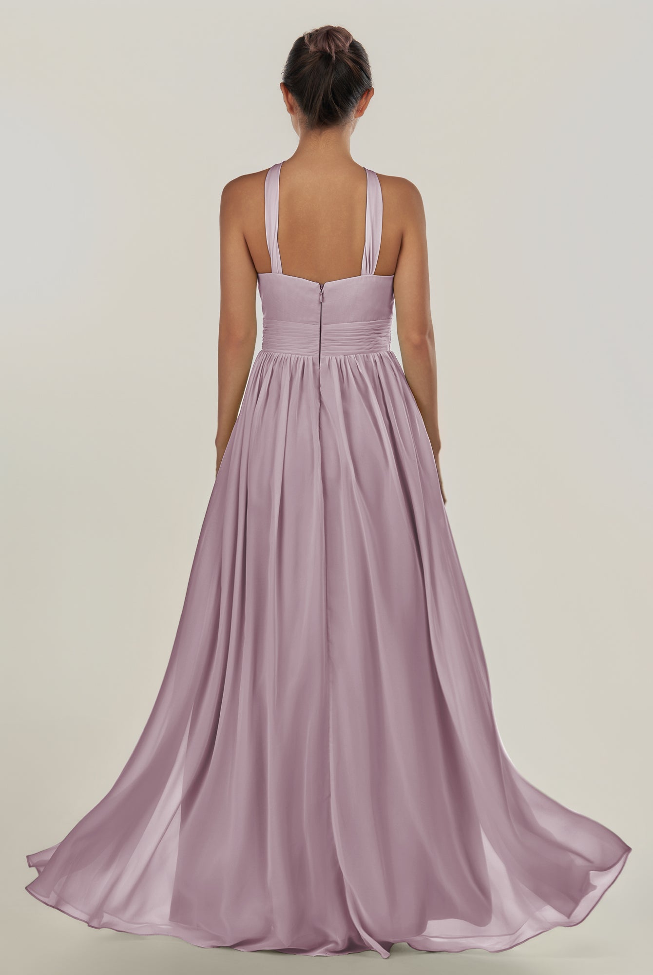 KissDress-Ciri Dusk A Line Chiffon Halter Neck Pleated Long Bridesmaid Dress with Slit
