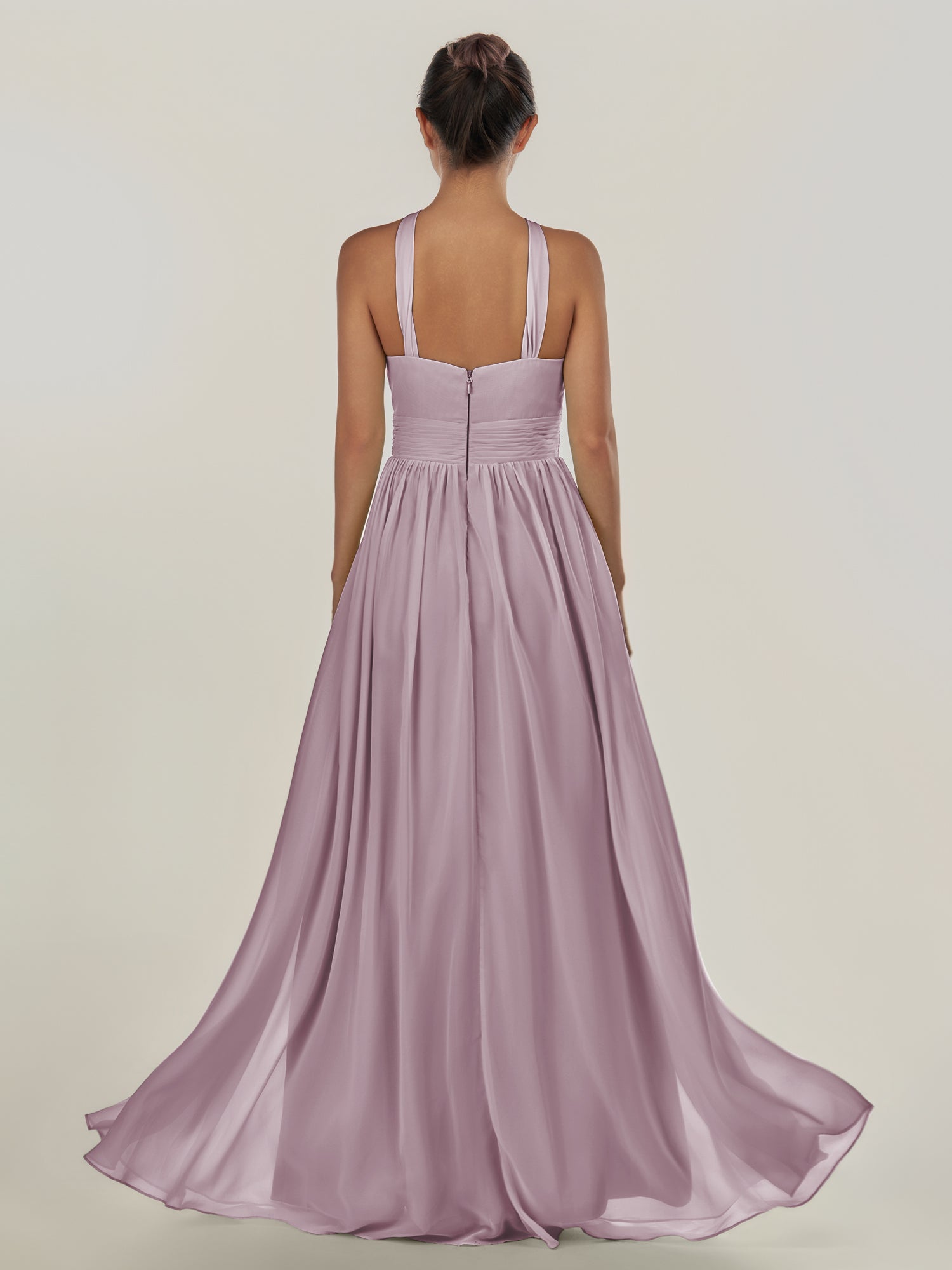 KissDress-Ciri Dusk A Line Chiffon Halter Neck Pleated Long Bridesmaid Dress with Slit