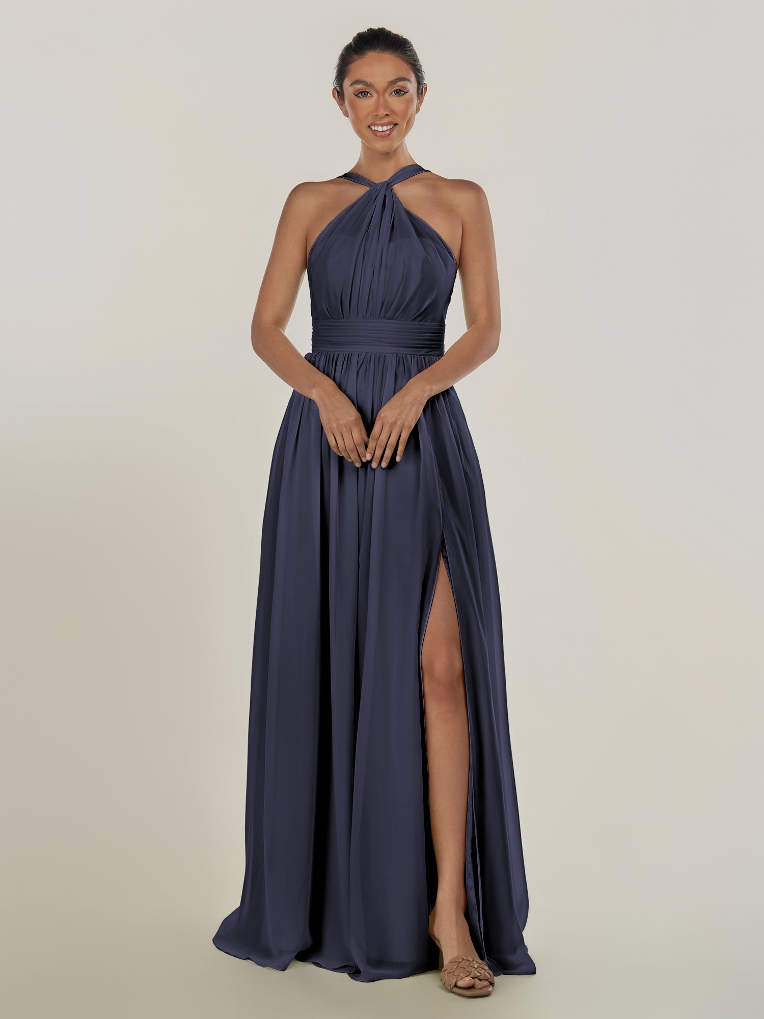 KissDress-Ciri Dusk Blue A Line Chiffon Halter Neck Pleated Long Bridesmaid Dress with Slit
