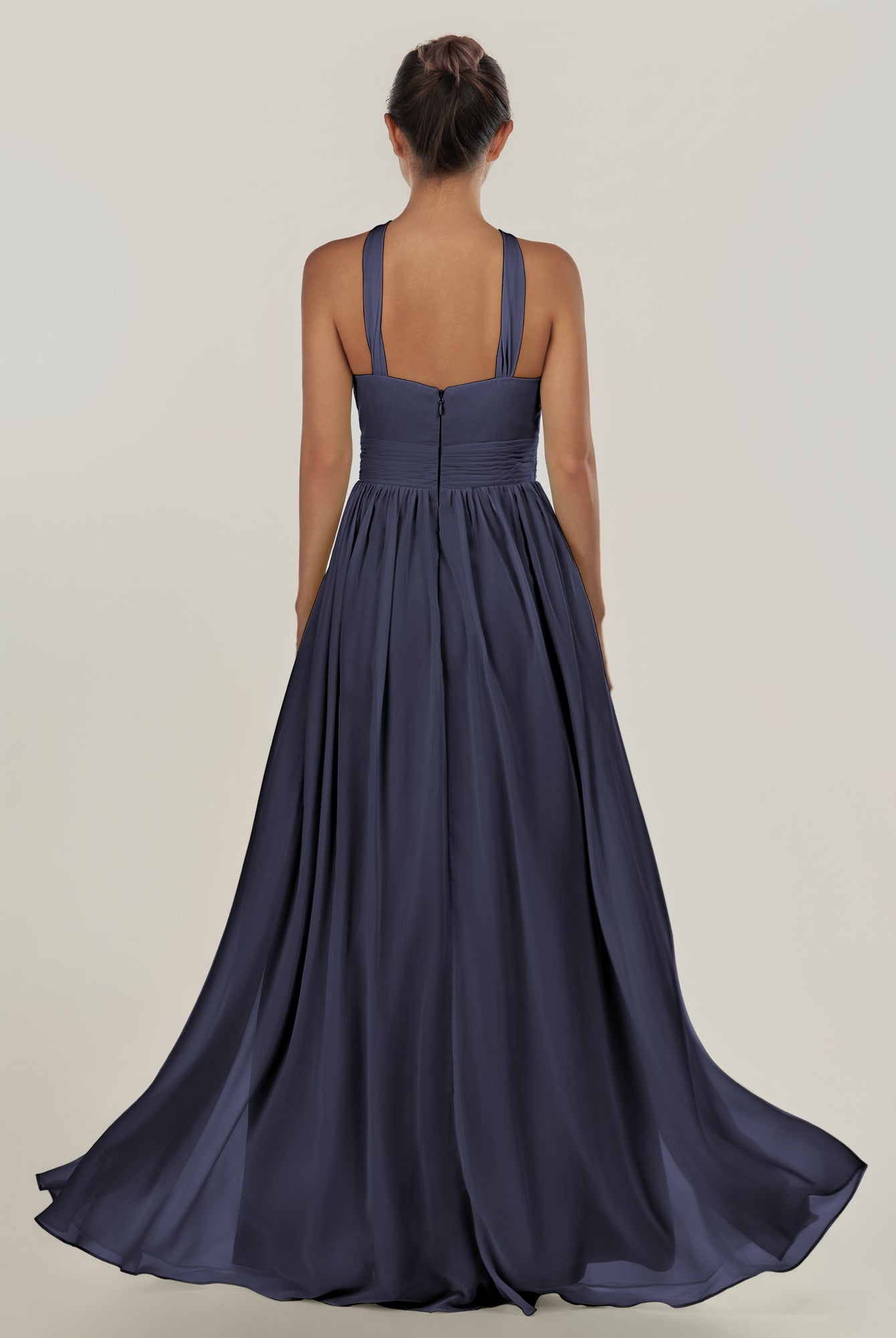 KissDress-Ciri Dusk Blue A Line Chiffon Halter Neck Pleated Long Bridesmaid Dress with Slit