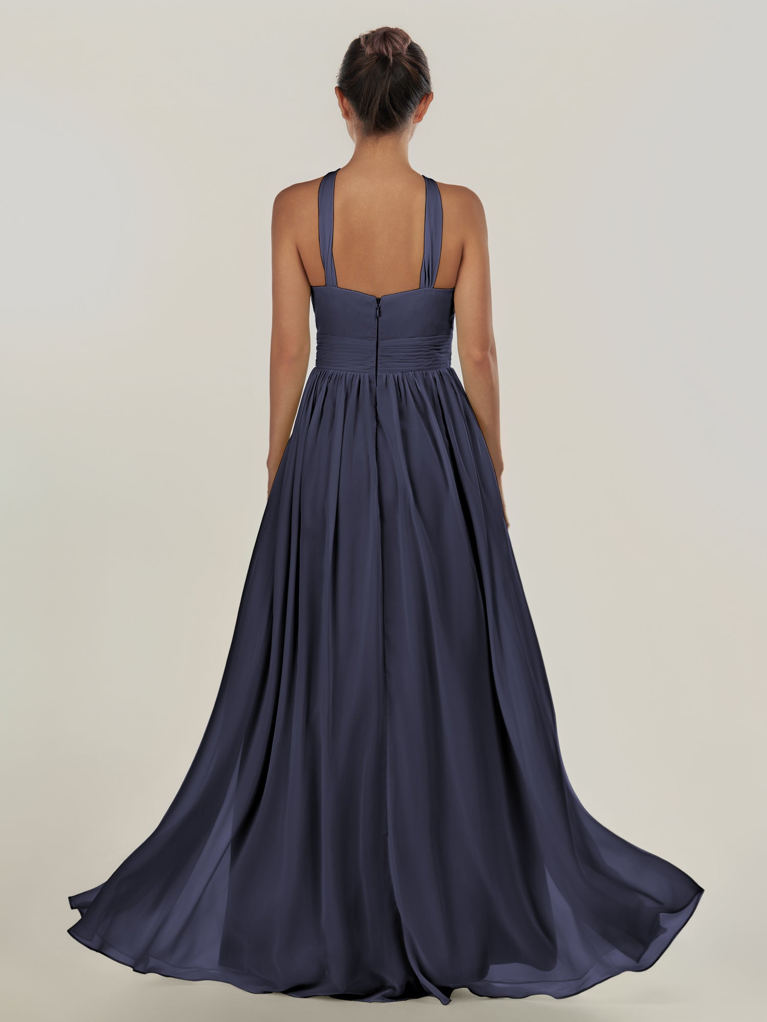 KissDress-Ciri Dusk Blue A Line Chiffon Halter Neck Pleated Long Bridesmaid Dress with Slit