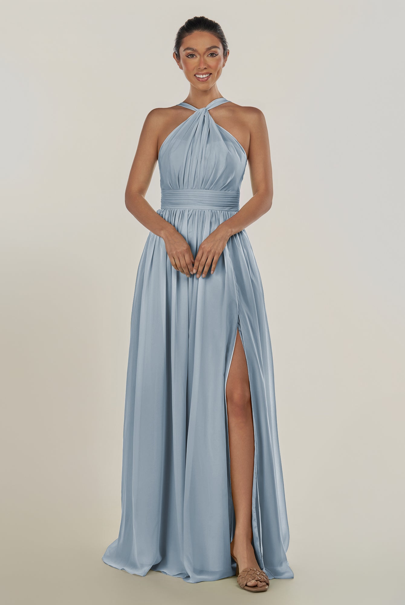 KissDress-Ciri Dusty Blue A Line Chiffon Halter Neck Pleated Long Bridesmaid Dress with Slit