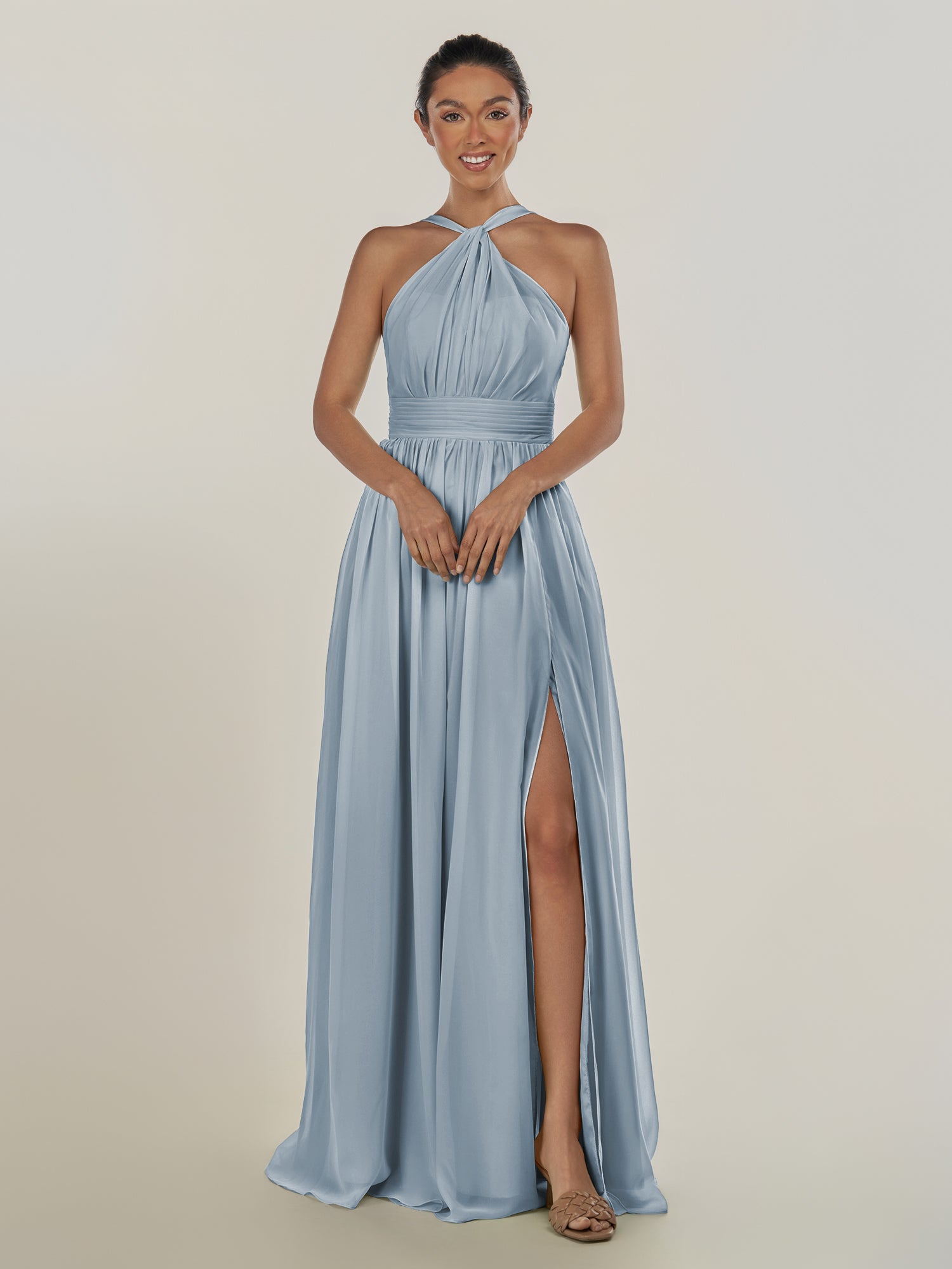 KissDress-Ciri Dusty Blue A Line Chiffon Halter Neck Pleated Long Bridesmaid Dress with Slit