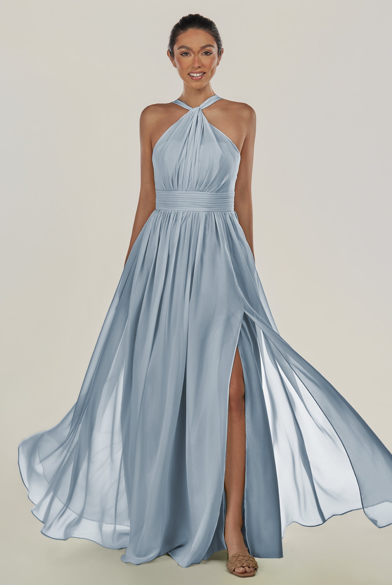 KissDress-Ciri Dusty Blue A Line Chiffon Halter Neck Pleated Long Bridesmaid Dress with Slit