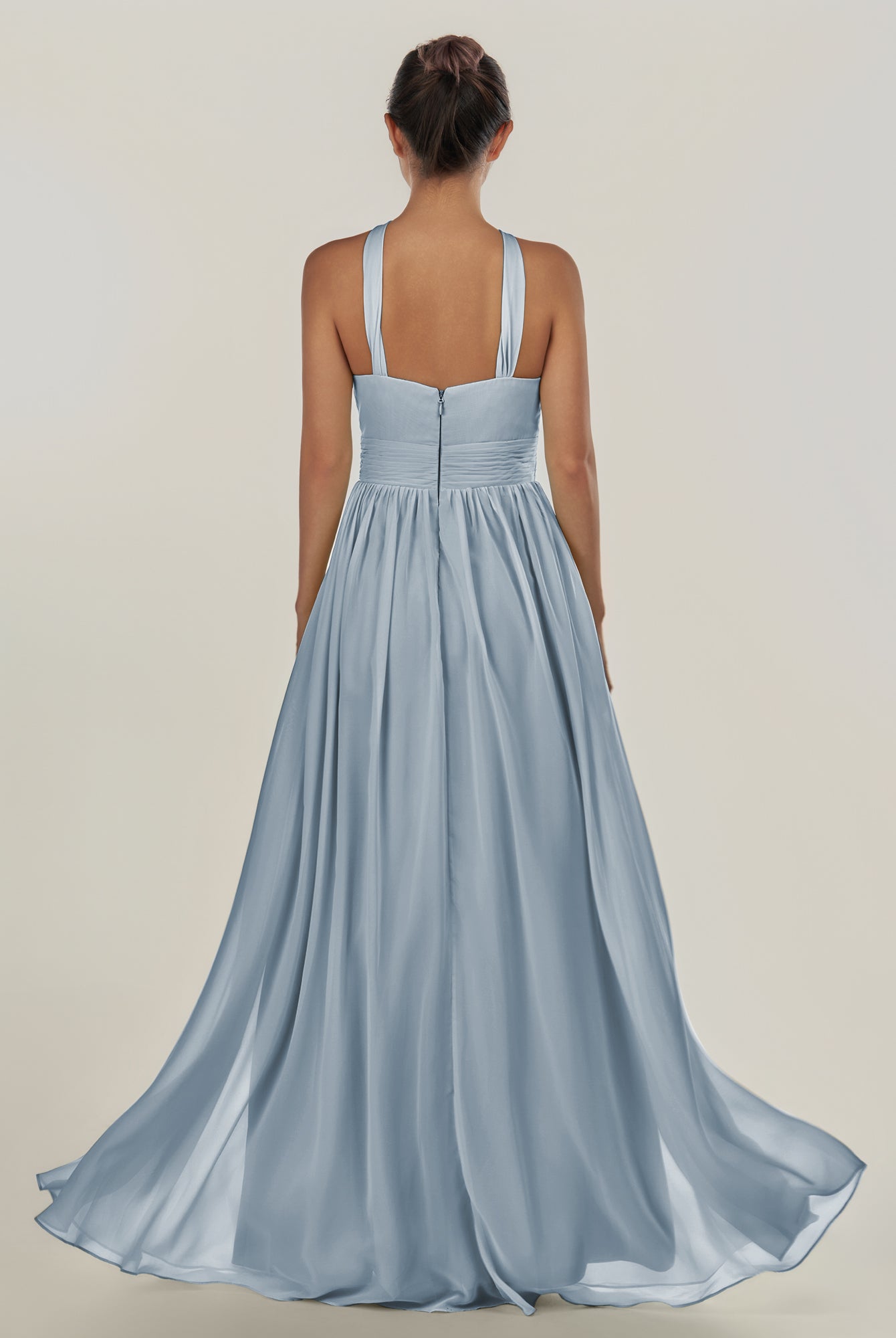 KissDress-Ciri Dusty Blue A Line Chiffon Halter Neck Pleated Long Bridesmaid Dress with Slit