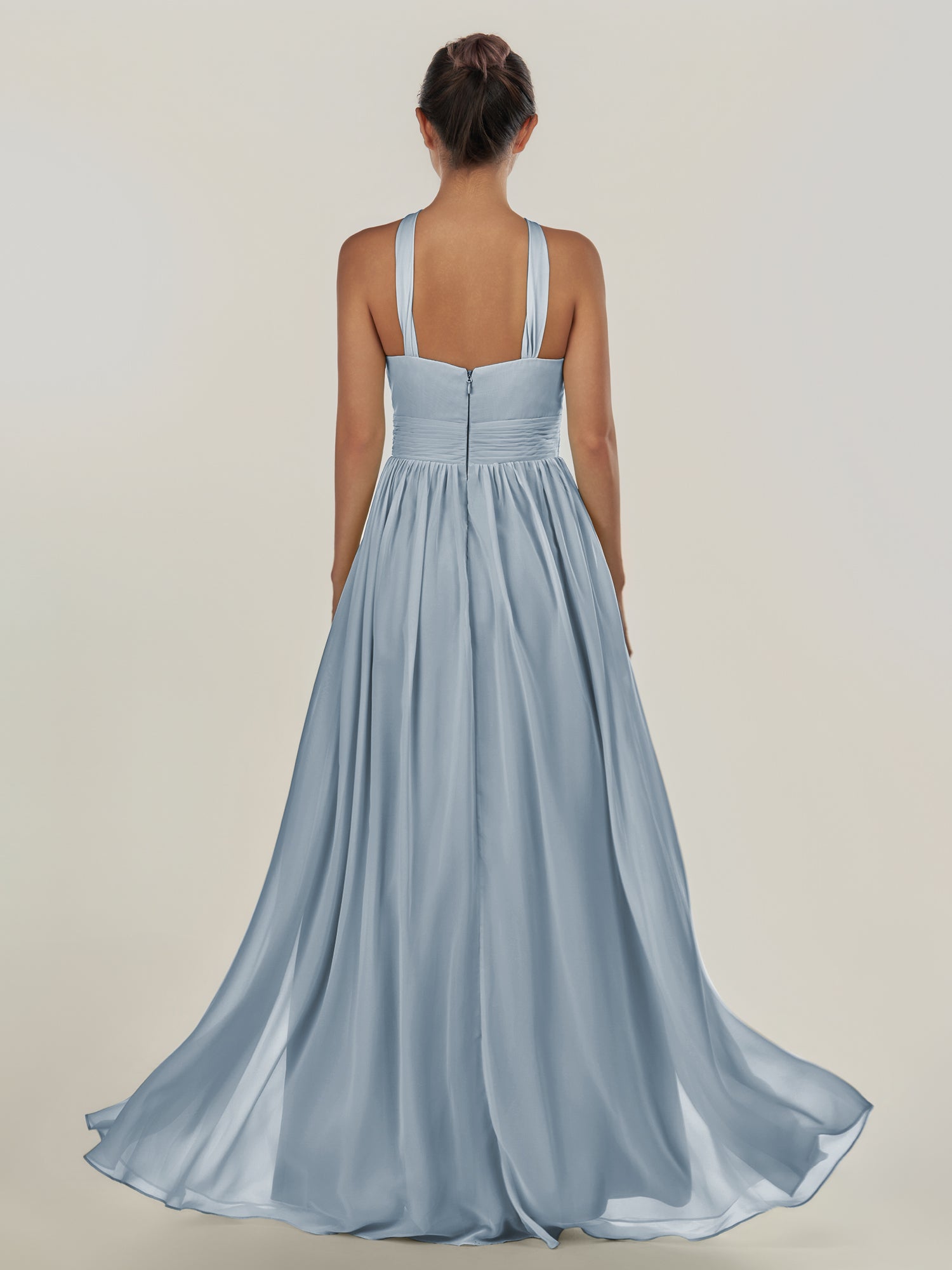 KissDress-Ciri Dusty Blue A Line Chiffon Halter Neck Pleated Long Bridesmaid Dress with Slit