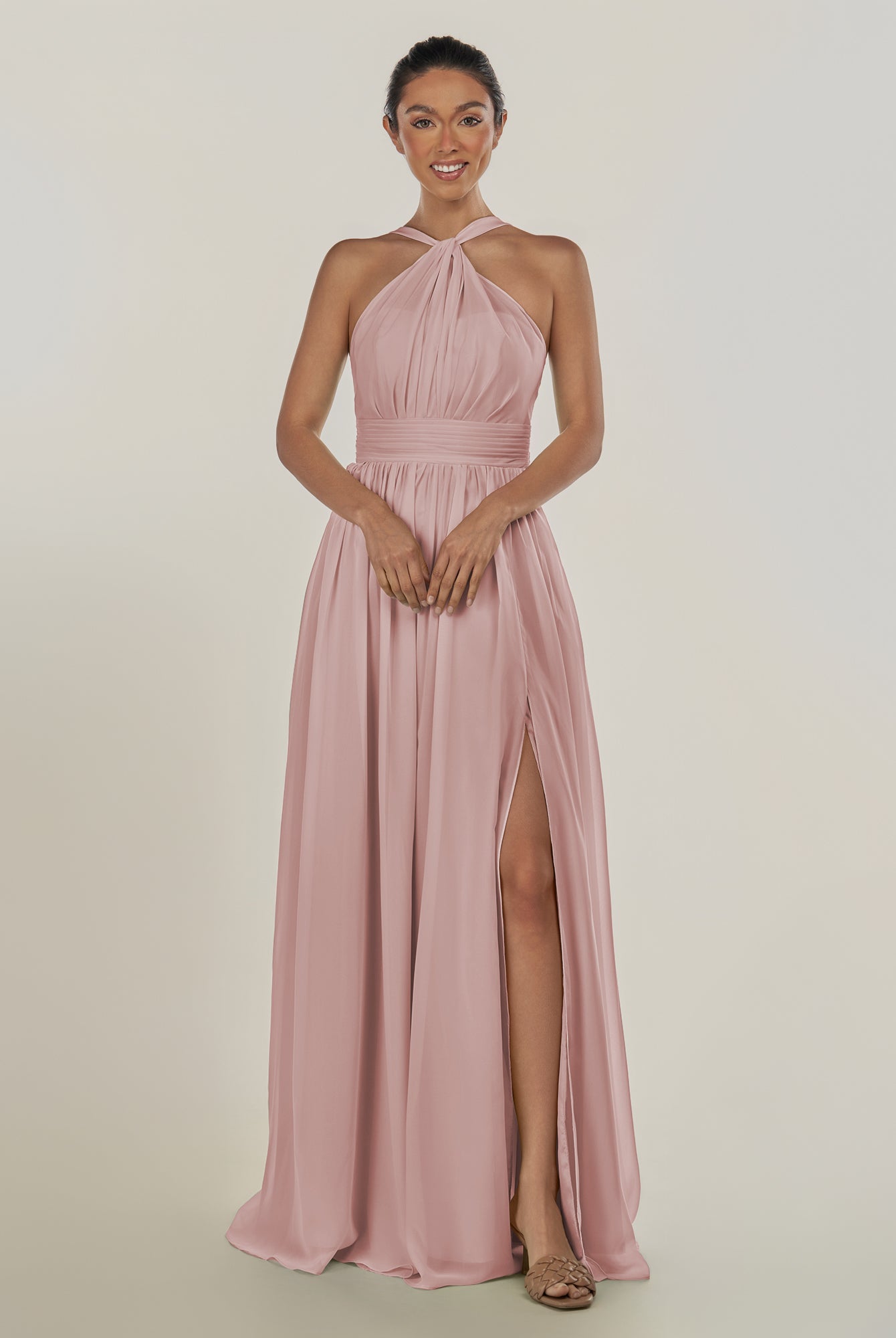 KissDress-Ciri Dusty Rose A Line Chiffon Halter Neck Pleated Long Bridesmaid Dress with Slit