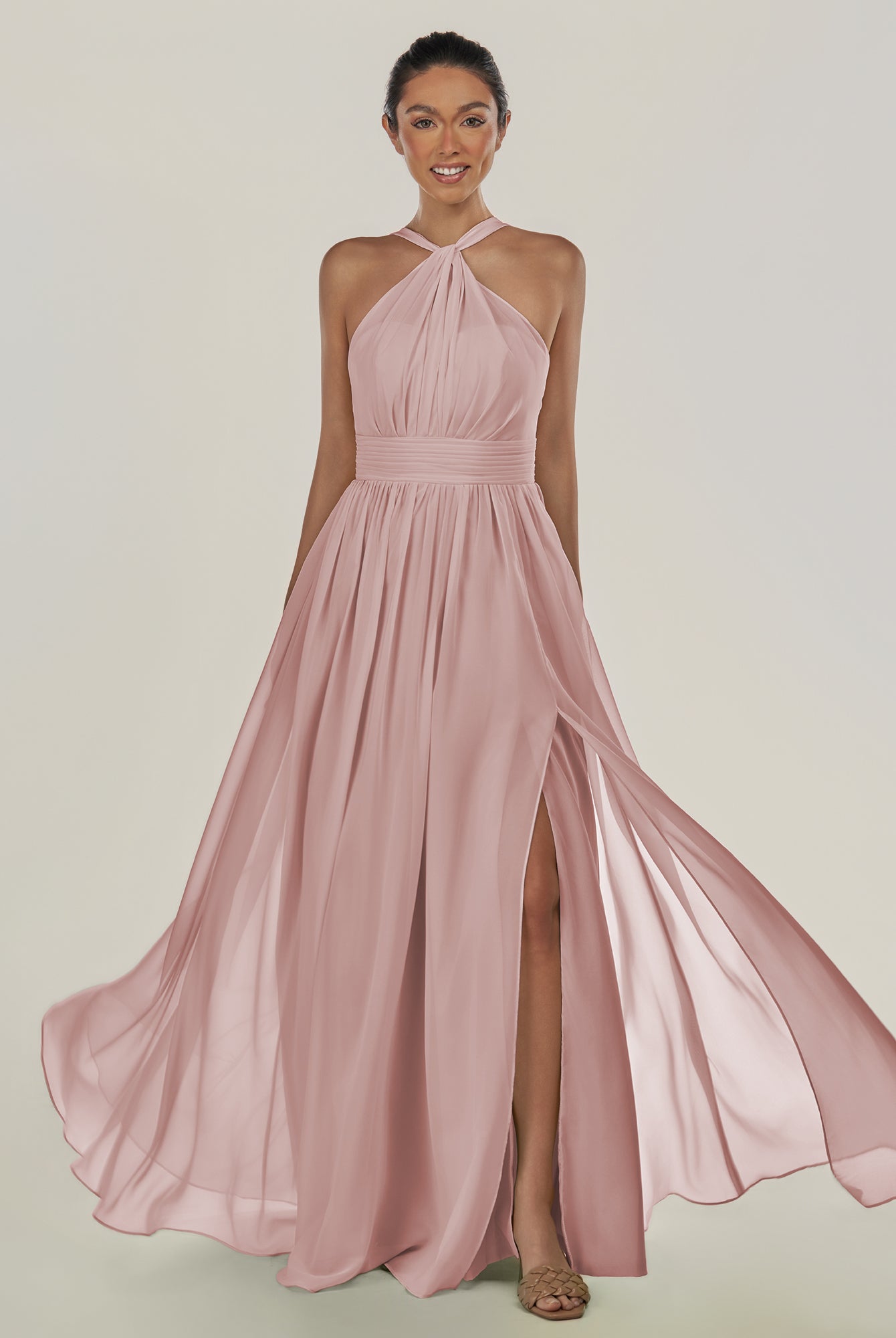 KissDress-Ciri Dusty Rose A Line Chiffon Halter Neck Pleated Long Bridesmaid Dress with Slit