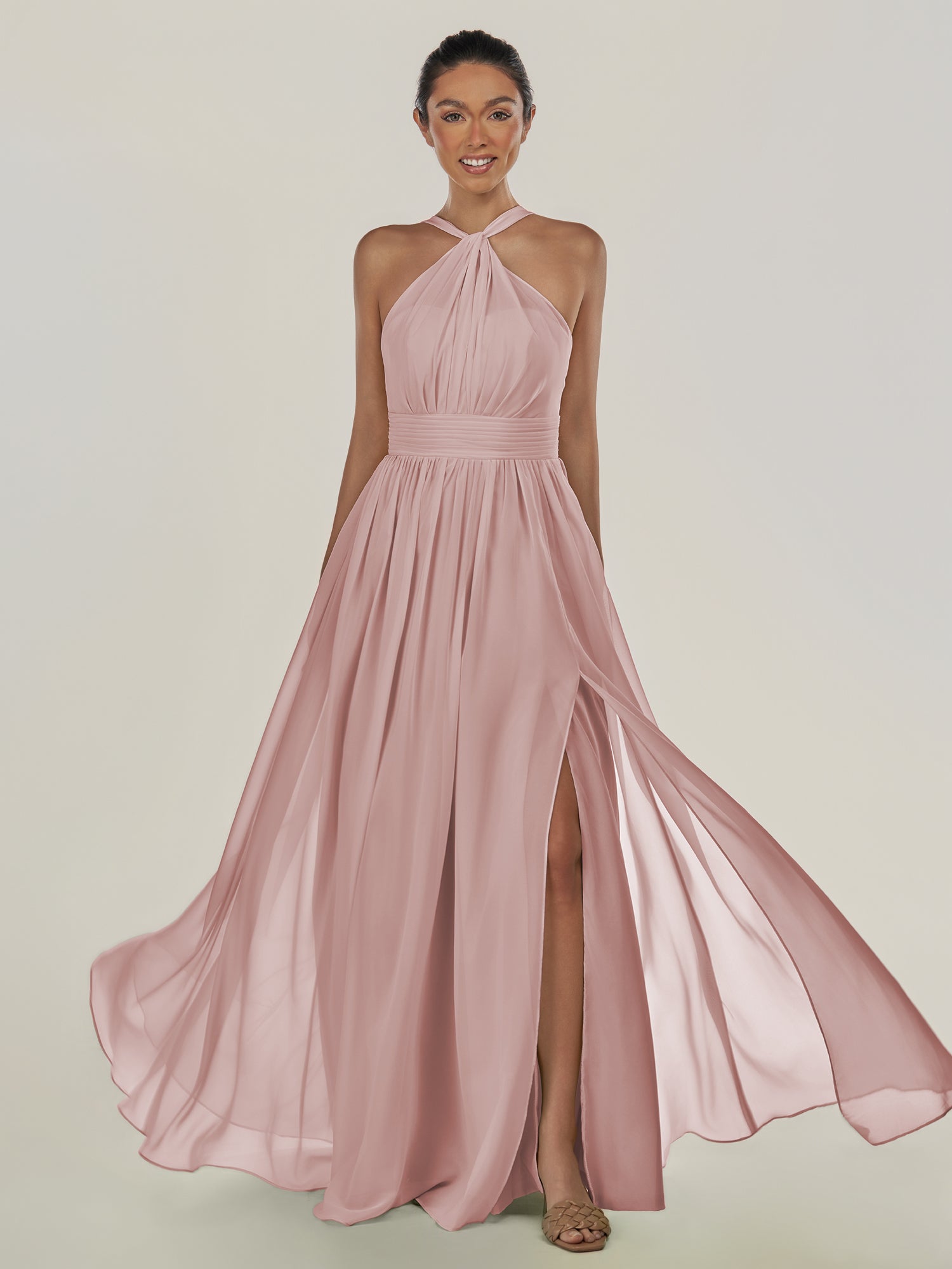 KissDress-Ciri Dusty Rose A Line Chiffon Halter Neck Pleated Long Bridesmaid Dress with Slit